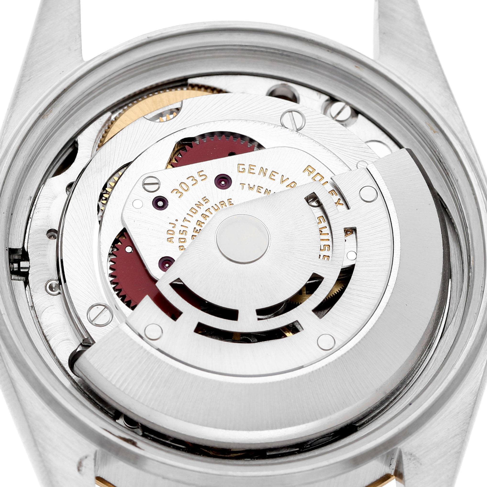 This image shows the movement of a Rolex Datejust 16013 Men's Steel and Gold (two tone) Champagne Dial from a top-down angle.