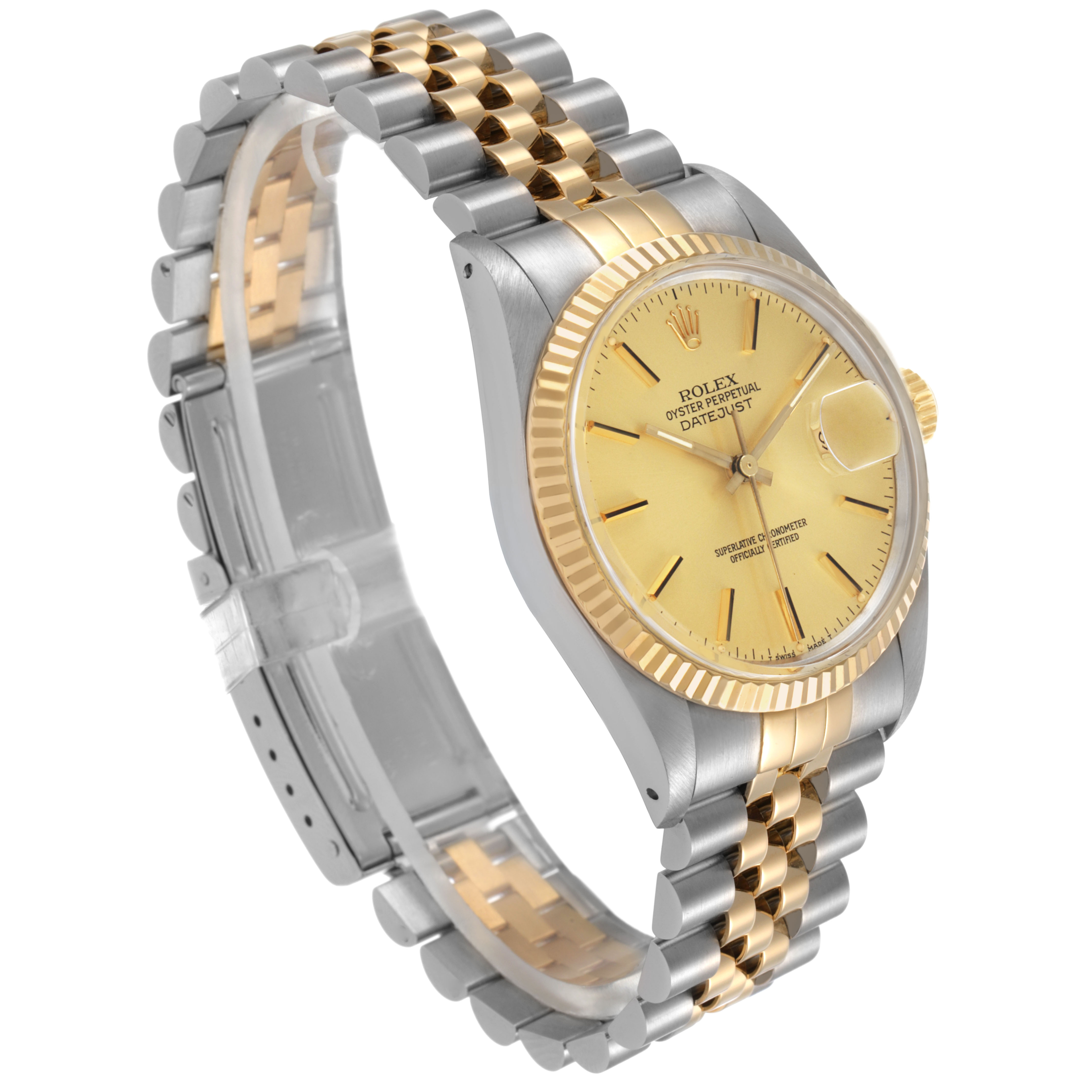 The Rolex Datejust 16013 Men's Steel and Gold (two tone) Champagne Dial watch is shown at a three-quarter angle, displaying the bezel, dial, crown, and part of the bracelet.