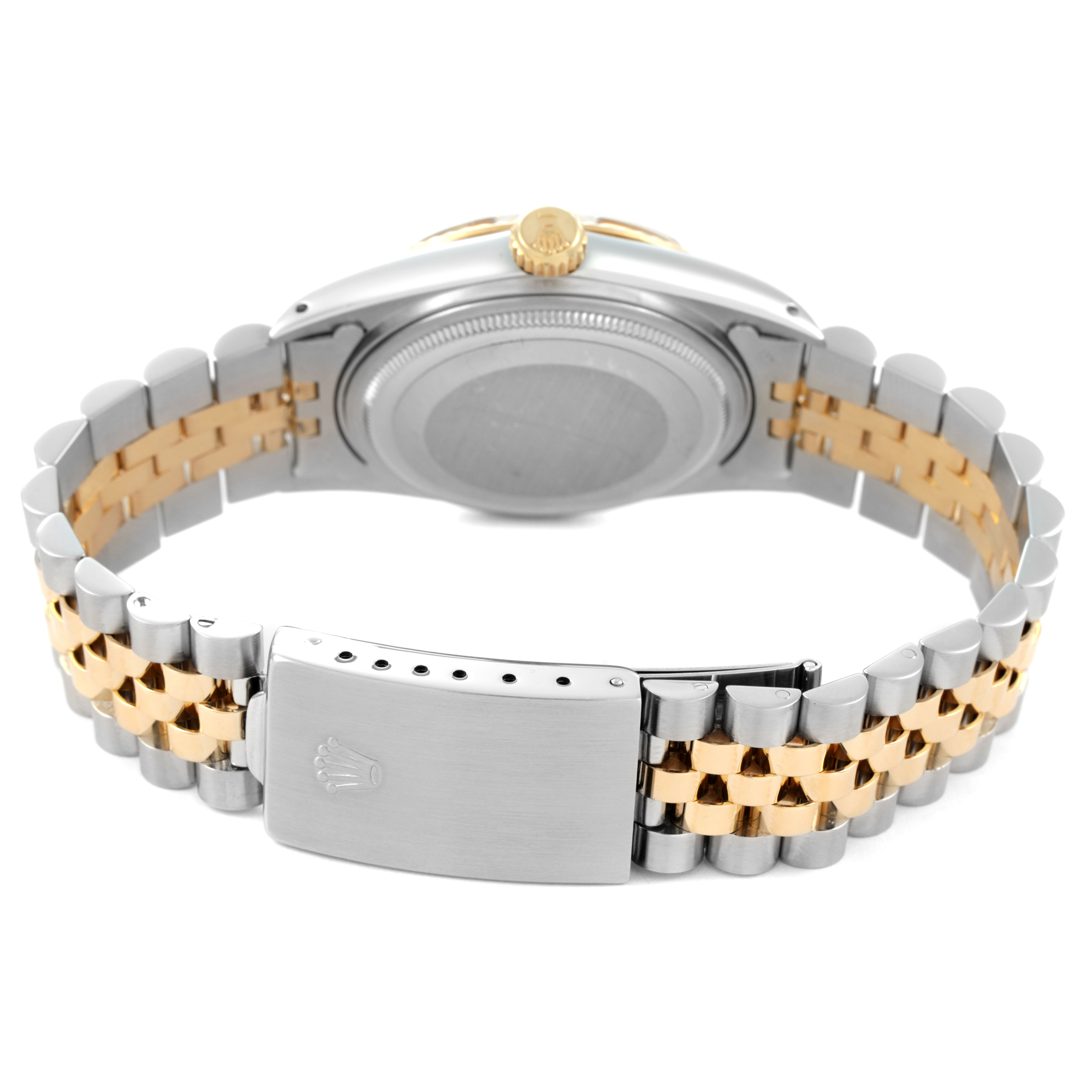 The Rolex Datejust 16013 Men's Steel and Gold (two tone) Champagne Dial watch is shown from the back, highlighting the stainless steel and gold jubilee bracelet and clasp.