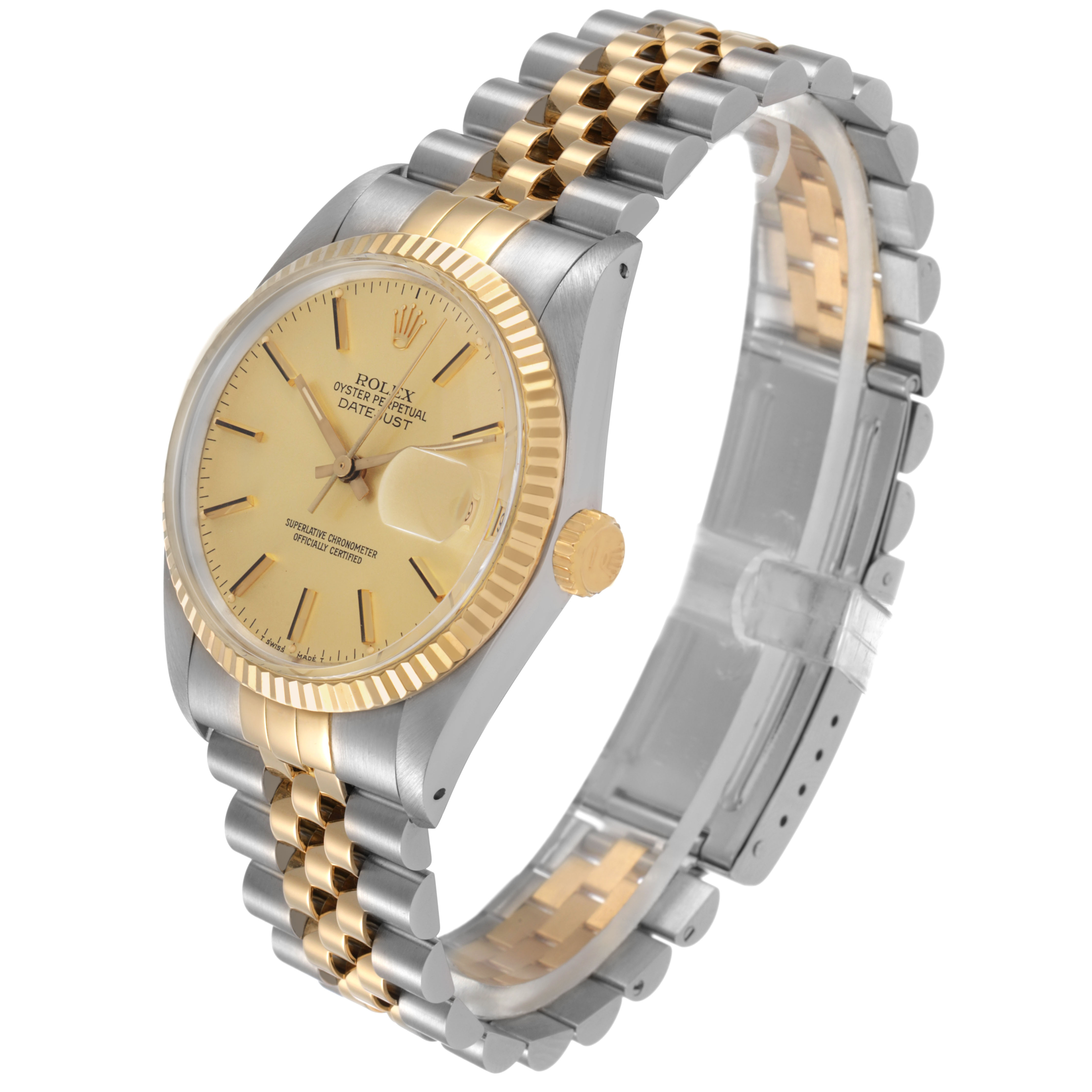 The Rolex Datejust 16013 Men's Steel and Gold (two tone) Champagne Dial watch is shown at a three-quarter angle, highlighting its gold and silver bracelet and bezel.