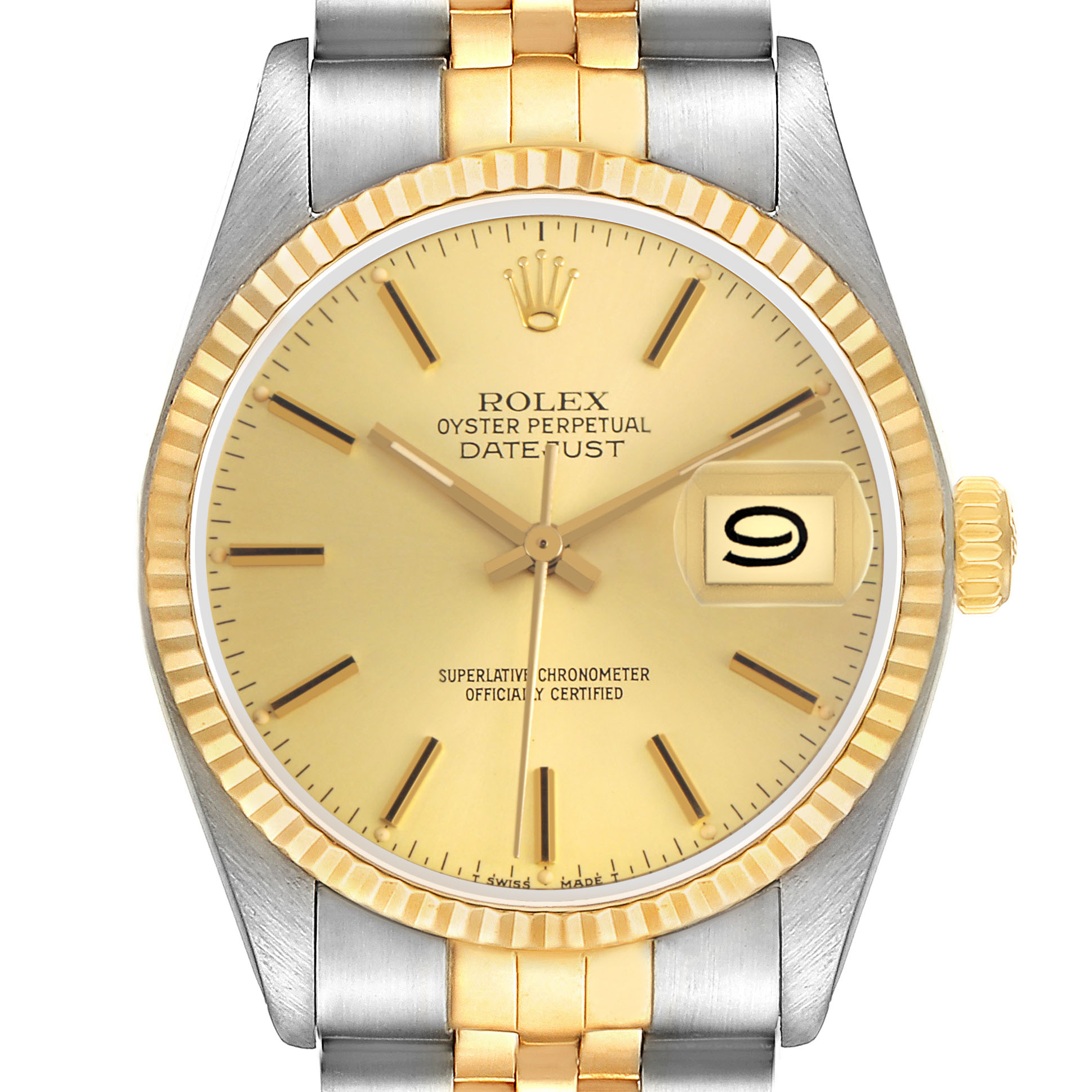 The image shows a front view of a Rolex Datejust 16013 Men's Steel and Gold (two tone) Champagne Dial watch, highlighting its bezel, dial, and crown.