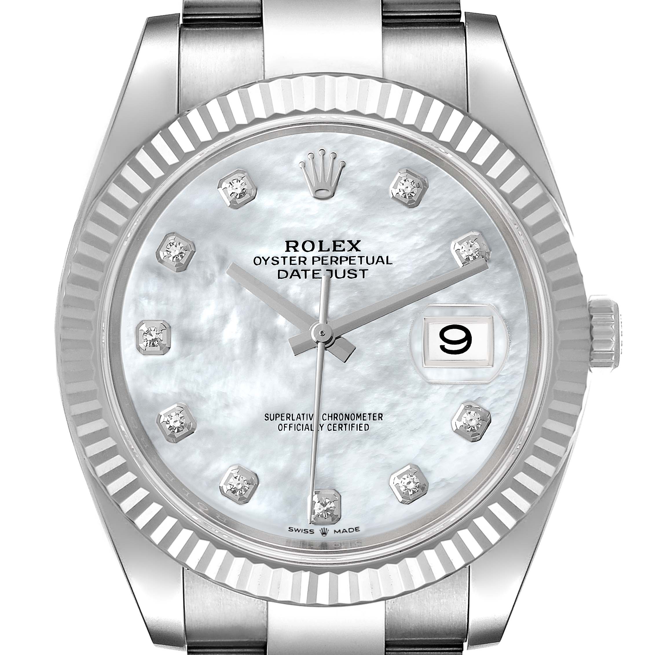 The image shows a front view of the Rolex Datejust 41 126334 Men's Stainless Steel Mother of Pearl Dial 126334 Men's Stainless Steel Mother of Pearl Dial watch, featuring a fluted bezel, diamond hour markers, and a date window at 3 o'clock.