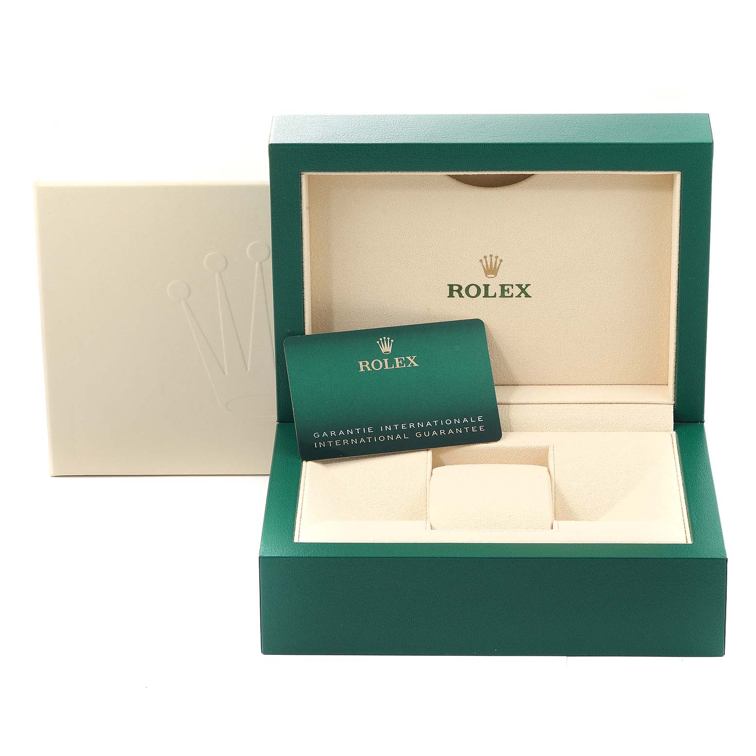 The image shows the packaging and international guarantee card for a Rolex Datejust 41 126334 Men's Stainless Steel Mother of Pearl Dial 126334 Men's Stainless Steel Mother of Pearl Dial watch, including the green box and cushion.