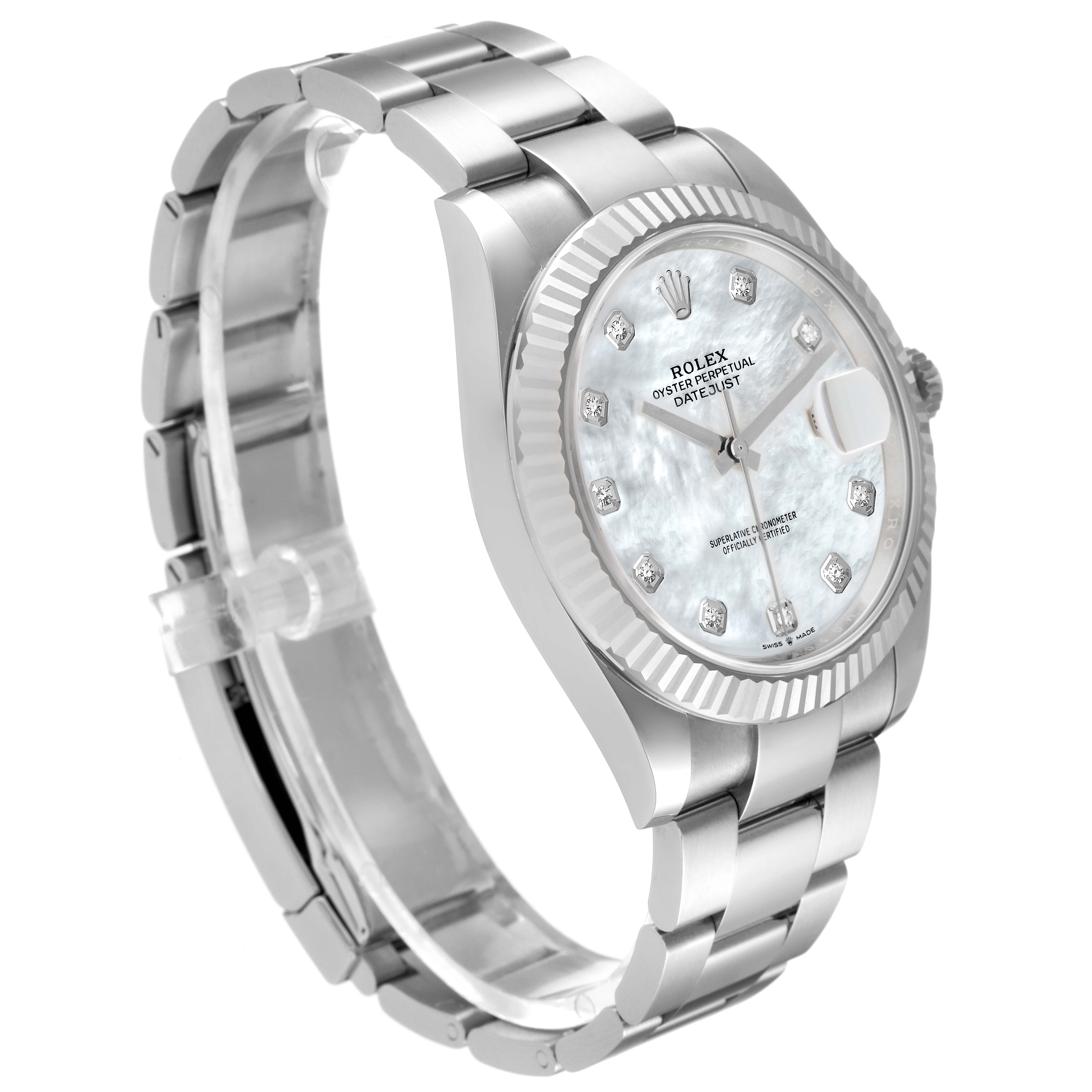 This image shows a Rolex Datejust 41 126334 Men's Stainless Steel Mother of Pearl Dial 126334 Men's Stainless Steel Mother of Pearl Dial watch from a three-quarter angle, highlighting its face and band.