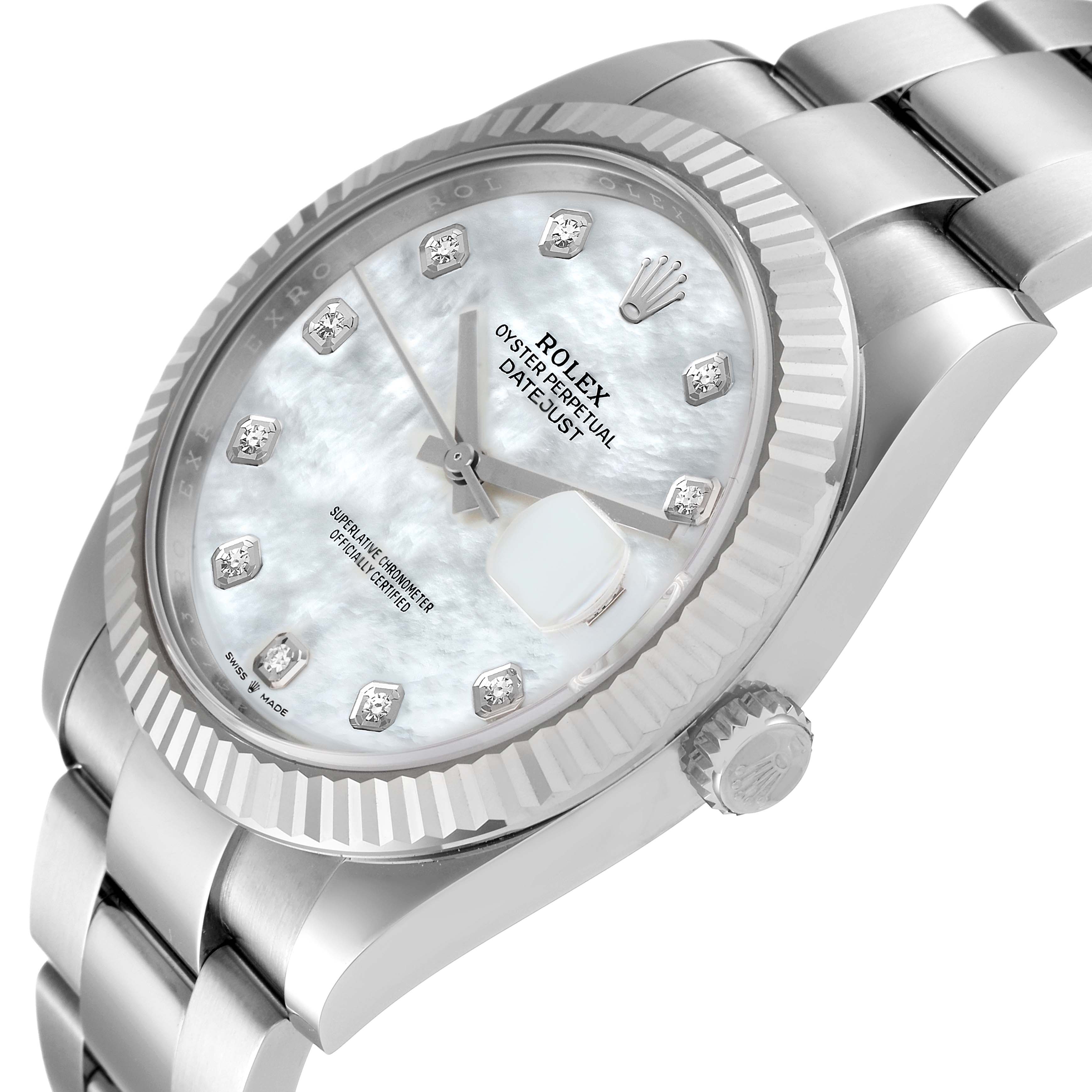 The image shows a close-up side angle of the Rolex Datejust 41 126334 Men's Stainless Steel Mother of Pearl Dial 126334 Men's Stainless Steel Mother of Pearl Dial watch, highlighting the bezel, dial, and part of the bracelet.