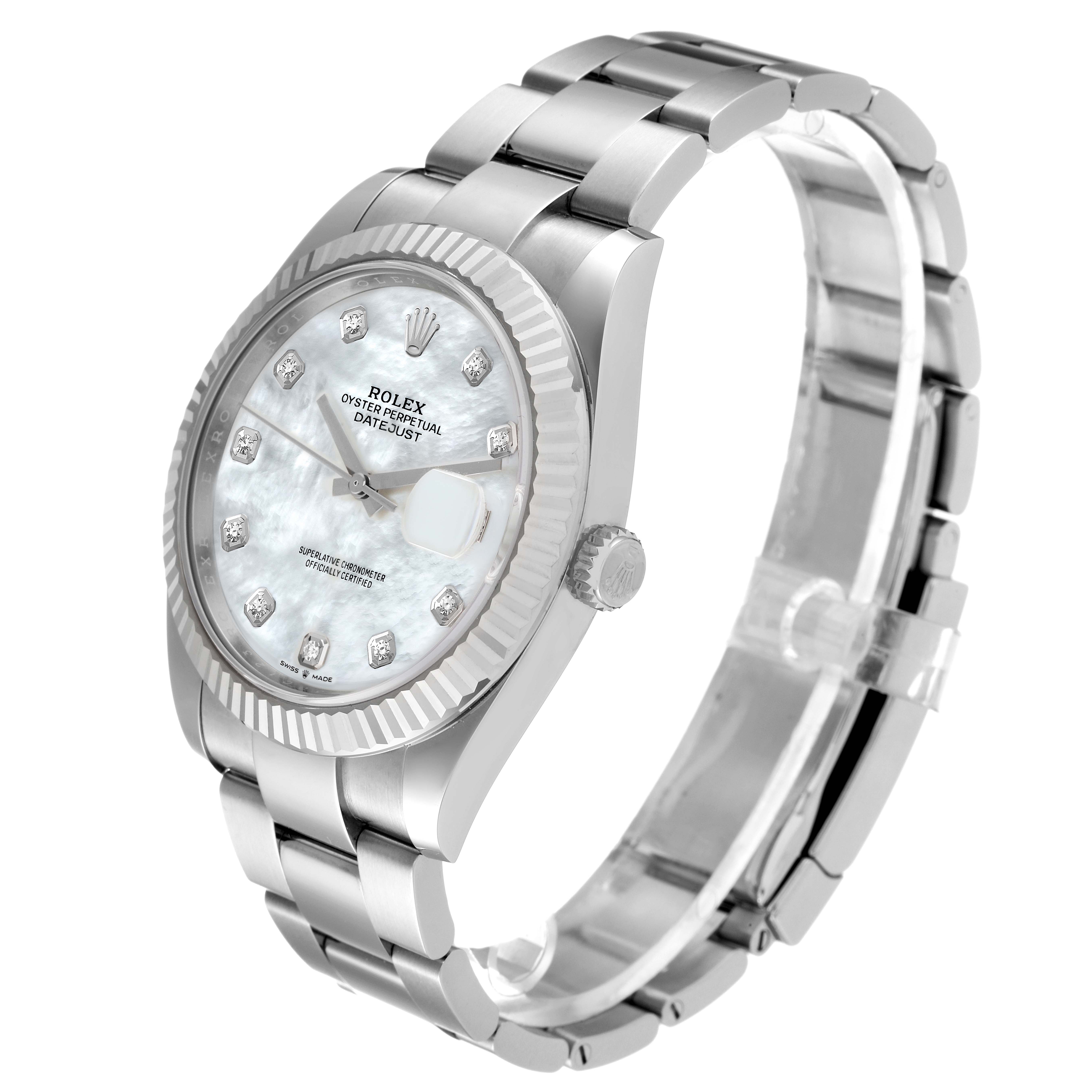 The image shows a Rolex Datejust 41 126334 Men's Stainless Steel Mother of Pearl Dial 126334 Men's Stainless Steel Mother of Pearl Dial watch with a silver bracelet and a mother-of-pearl dial viewed from the front-left angle.