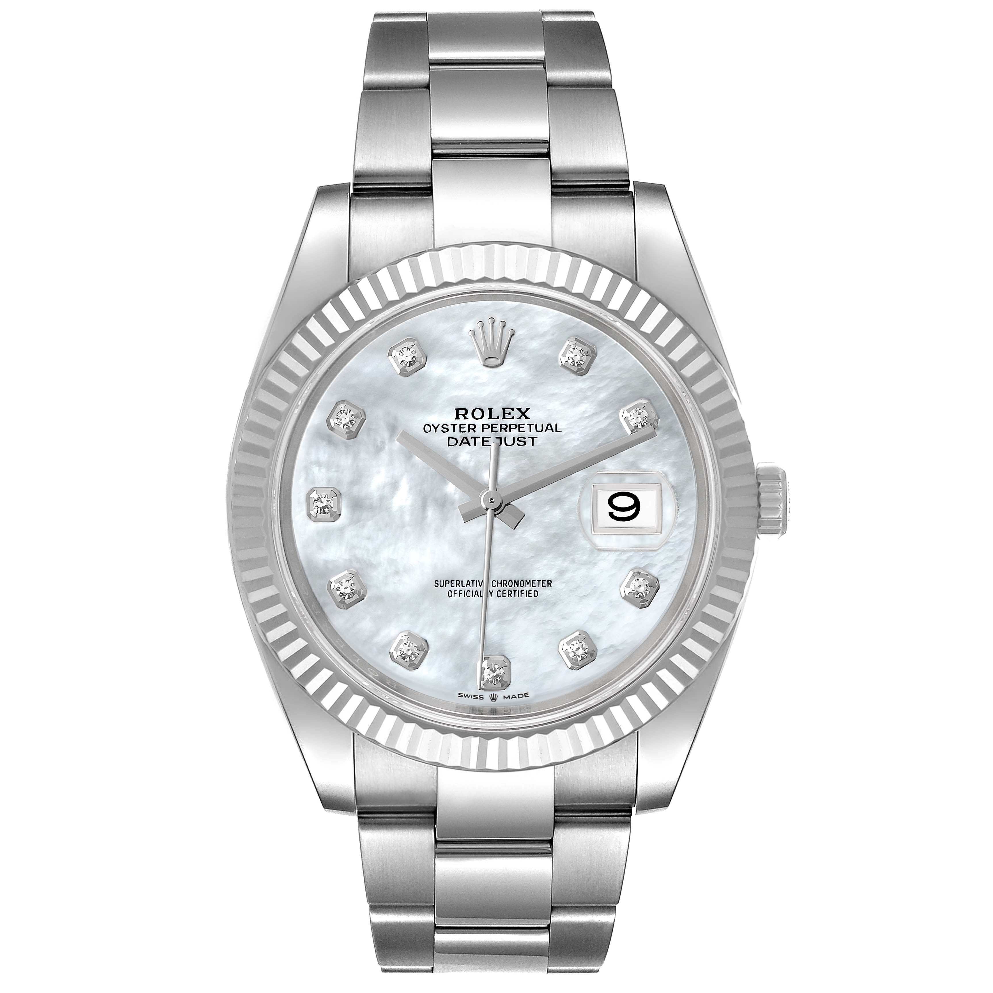 This image shows a front view of the Rolex Datejust 41 126334 Men's Stainless Steel Mother of Pearl Dial 126334 Men's Stainless Steel Mother of Pearl Dial watch, highlighting its dial, bezel, case, and bracelet.