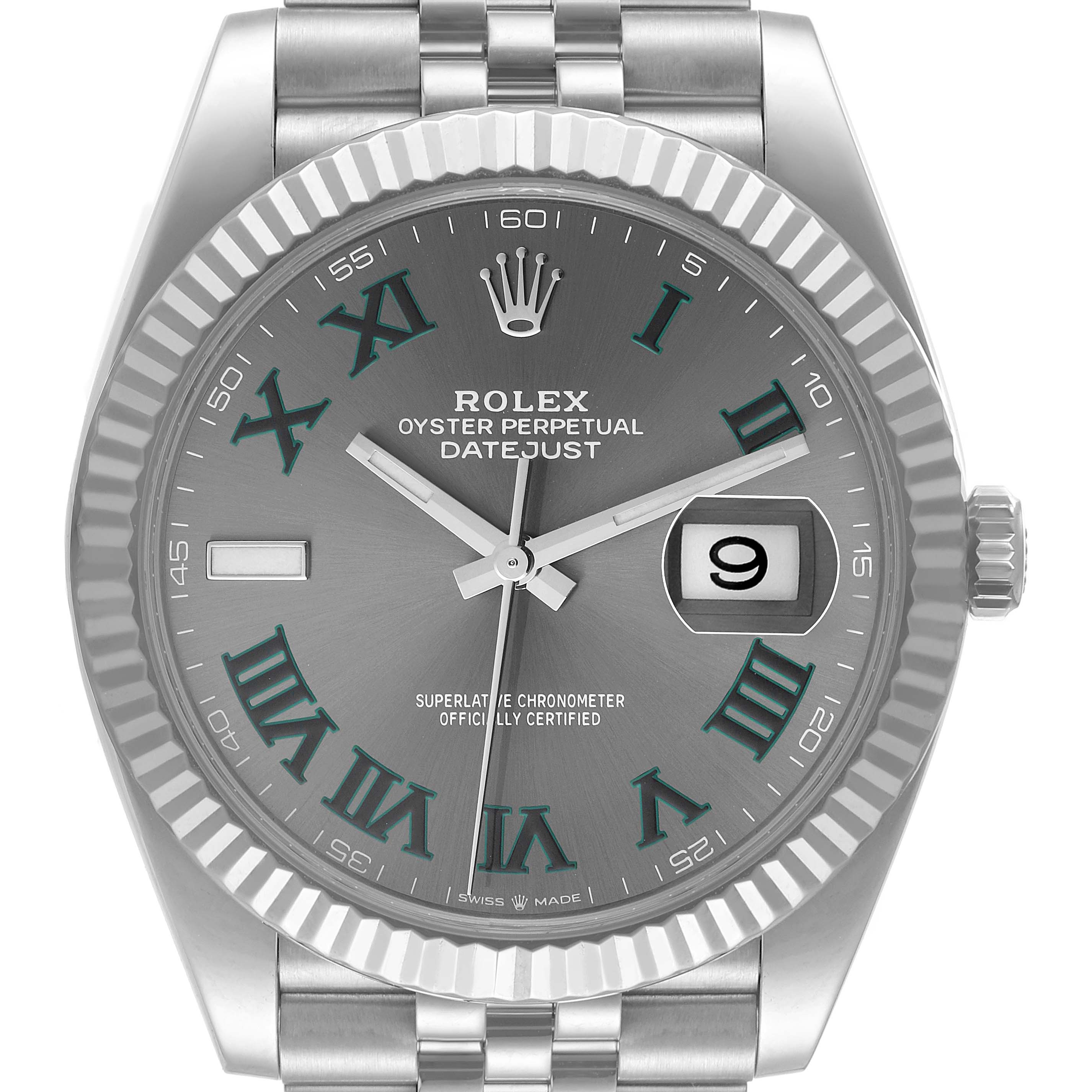 The image showcases a front view of the Rolex Datejust 41 126334 Men's Stainless Steel Grey Dial 126334 Men's Stainless Steel Grey Dial watch, highlighting its face, fluted bezel, and bracelet.