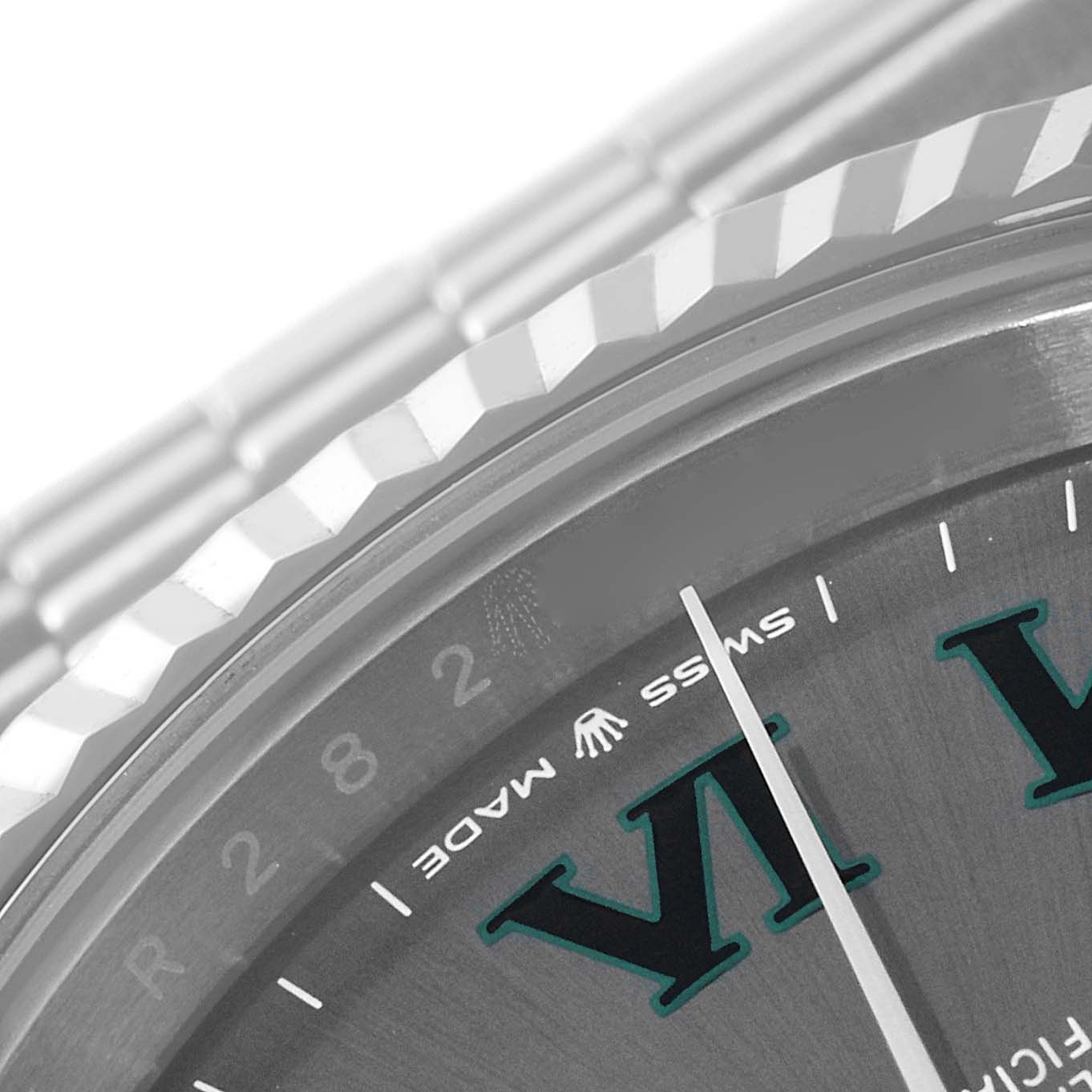 The image shows a close-up of the dial, bezel, and part of the bracelet of the Rolex Datejust 41 126334 Men's Stainless Steel Grey Dial 126334 Men's Stainless Steel Grey Dial model.