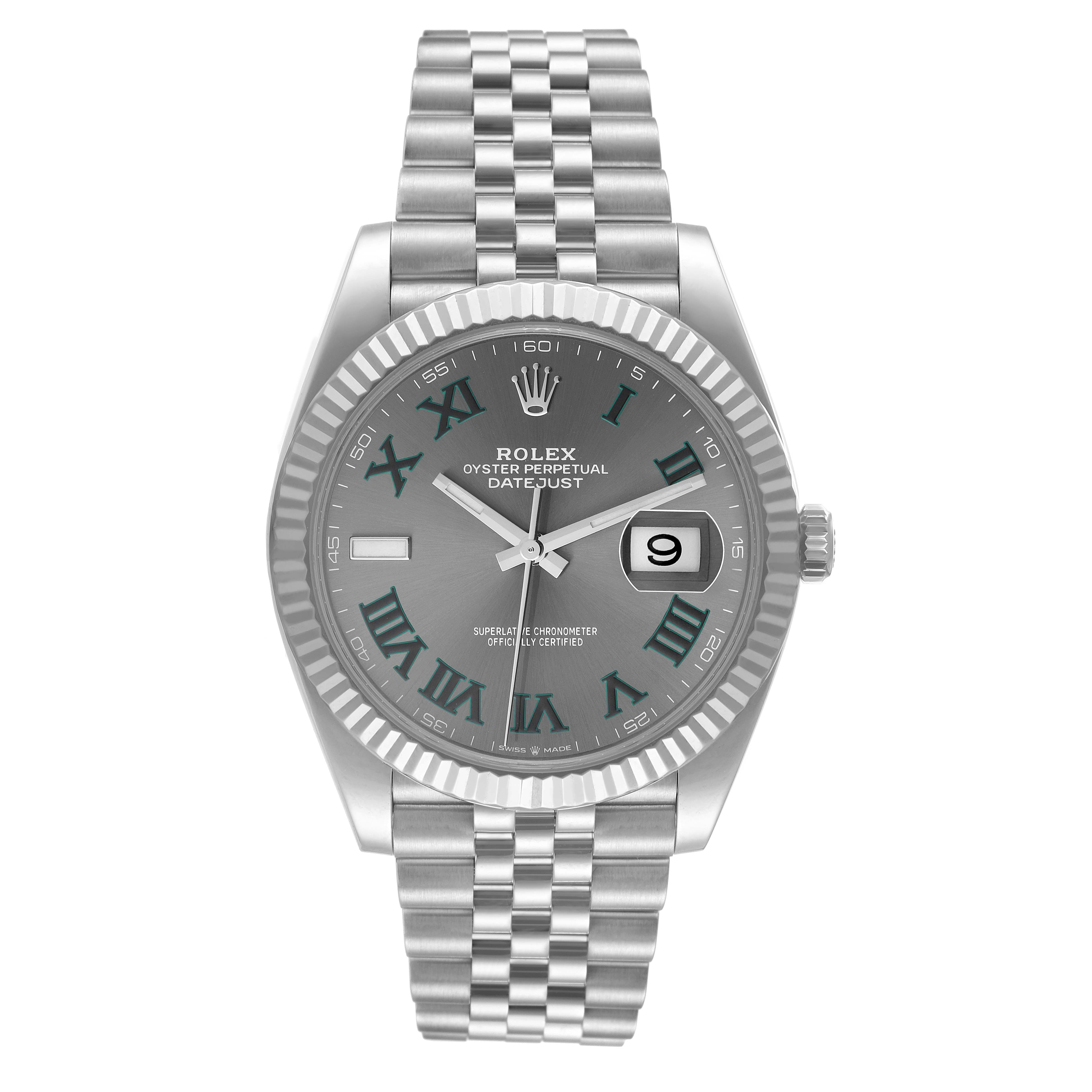 This image shows a front view of a Rolex Datejust 41 126334 Men's Stainless Steel Grey Dial 126334 Men's Stainless Steel Grey Dial watch, displaying its dial, bracelet, and fluted bezel.