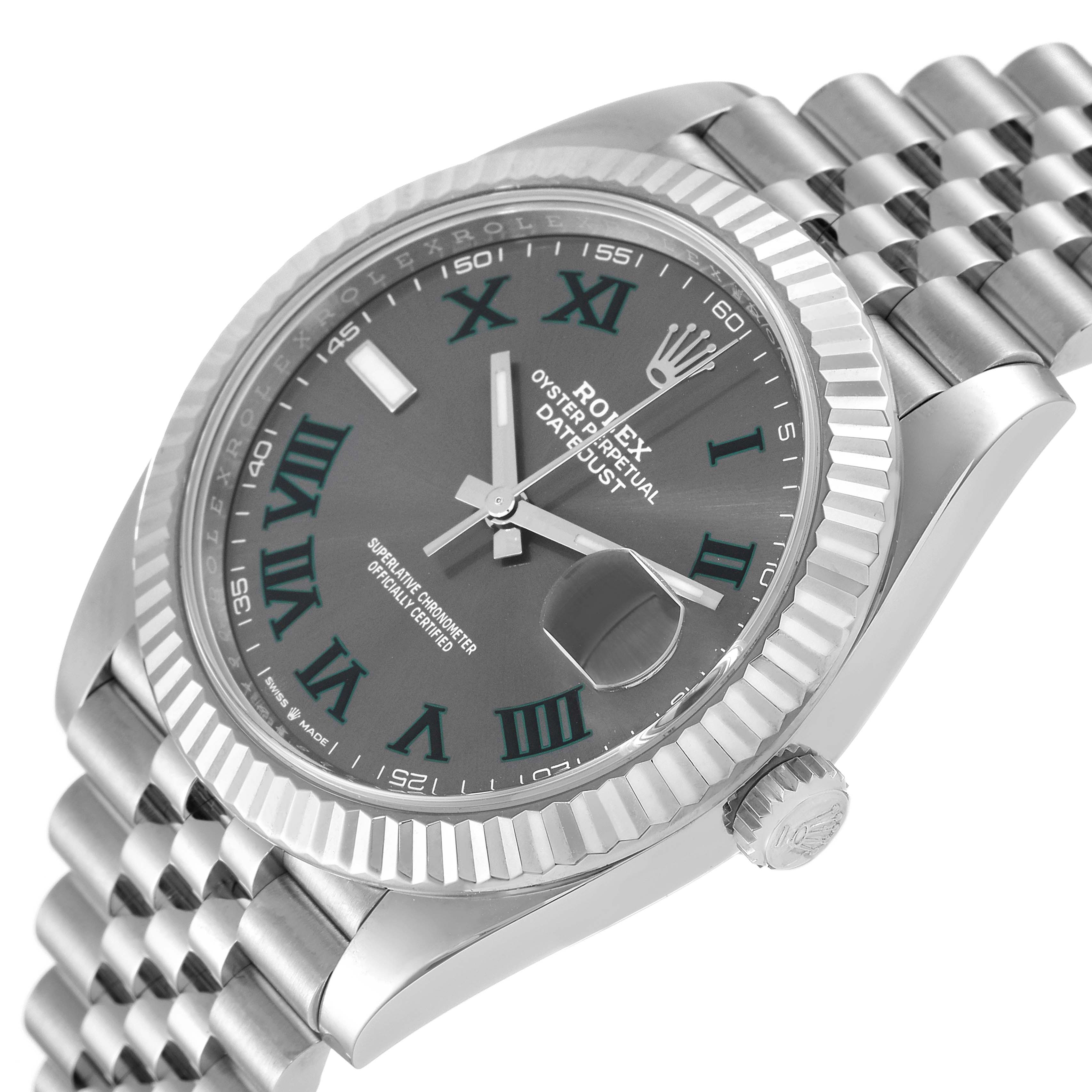 This Rolex Datejust 41 126334 Men's Stainless Steel Grey Dial 126334 Men's Stainless Steel Grey Dial watch is shown from a three-quarter angle highlighting the dial, fluted bezel, and bracelet.