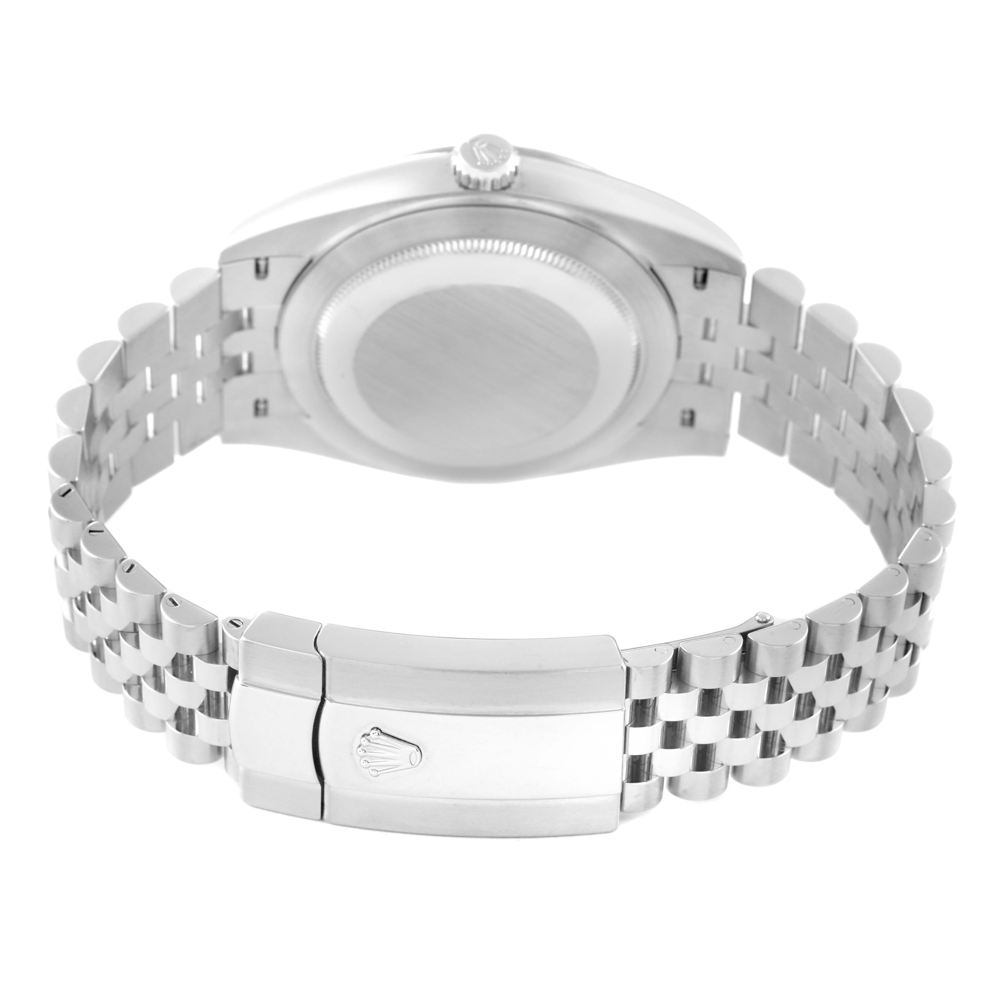 This image shows the backside of the Rolex Datejust 41 126334 Men's Stainless Steel Grey Dial 126334 Men's Stainless Steel Grey Dial watch, highlighting the case back and jubilee bracelet with a clasp.