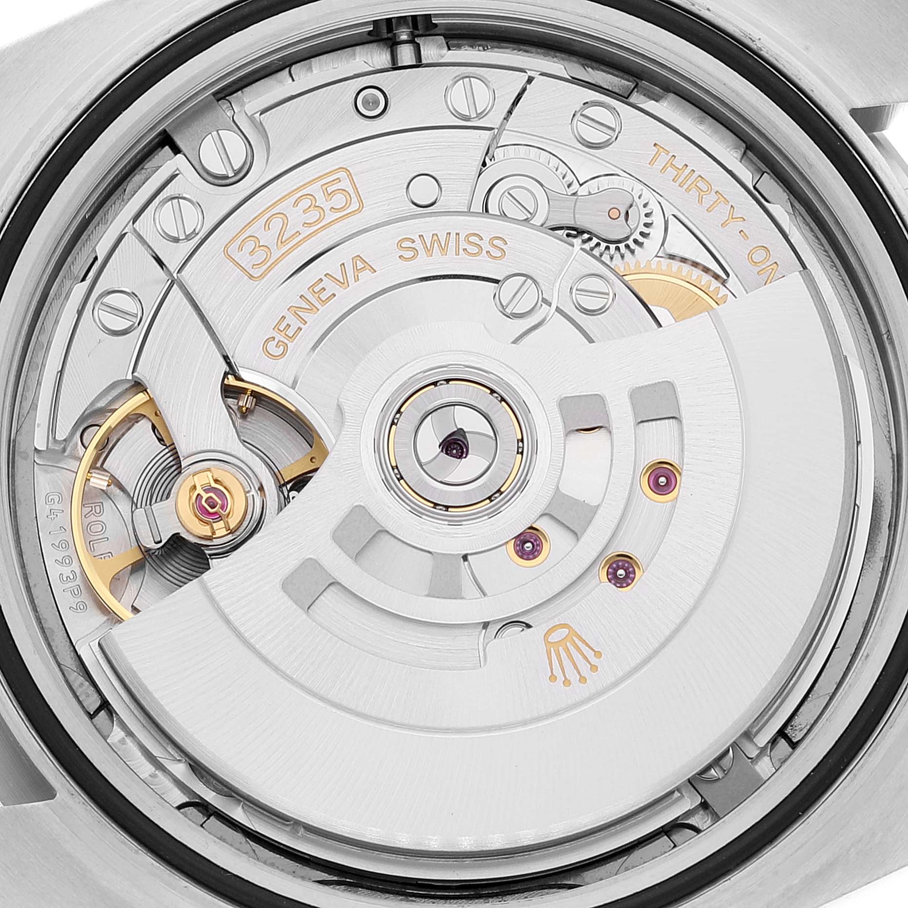 This image shows the movement of the Rolex Datejust 41 126334 Men's Stainless Steel Grey Dial 126334 Men's Stainless Steel Grey Dial model captured from a close-up angle.