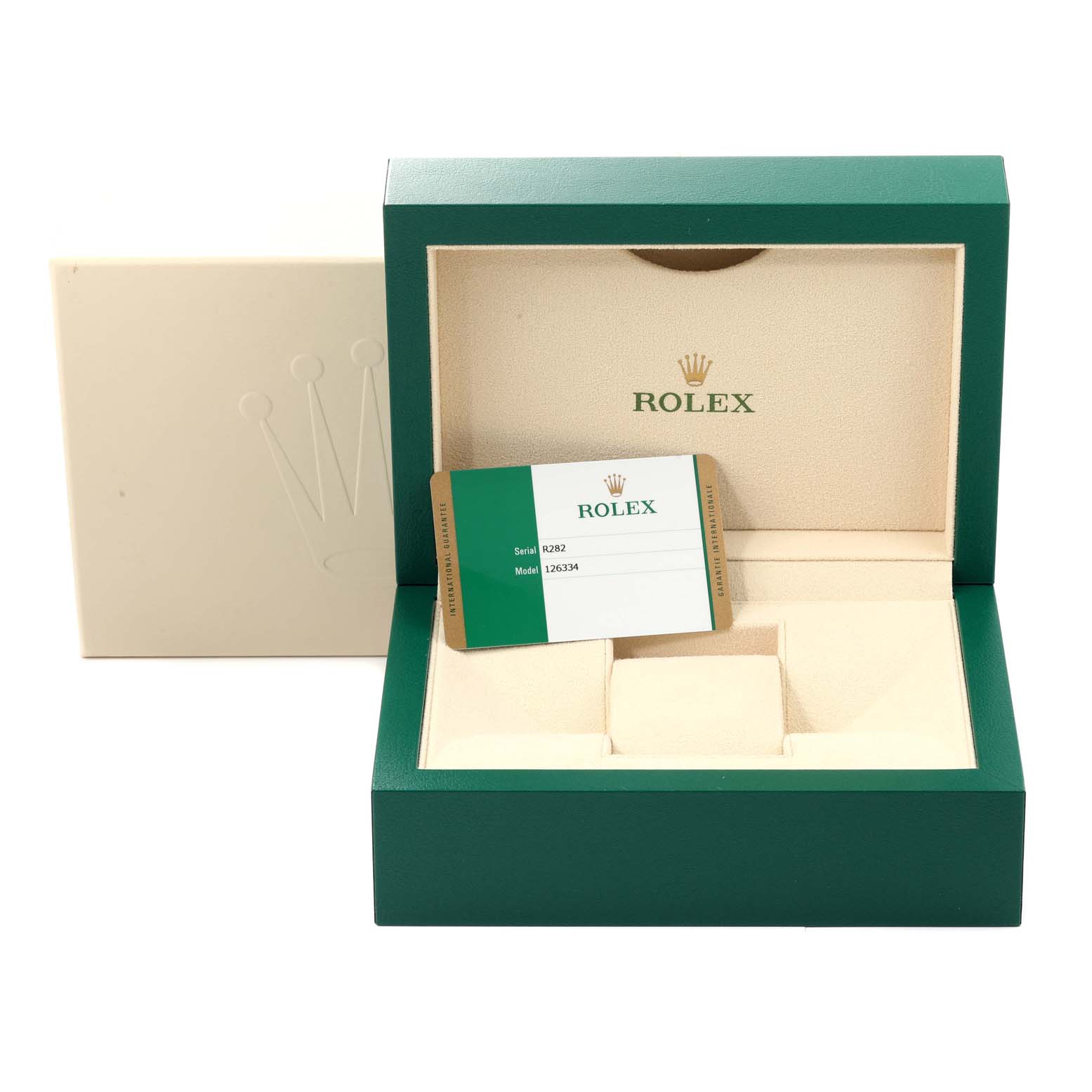 The image shows a green Rolex Datejust 41 126334 Men's Stainless Steel Grey Dial 126334 Men's Stainless Steel Grey Dial watch box with a branded card and beige interior, viewed from the front.