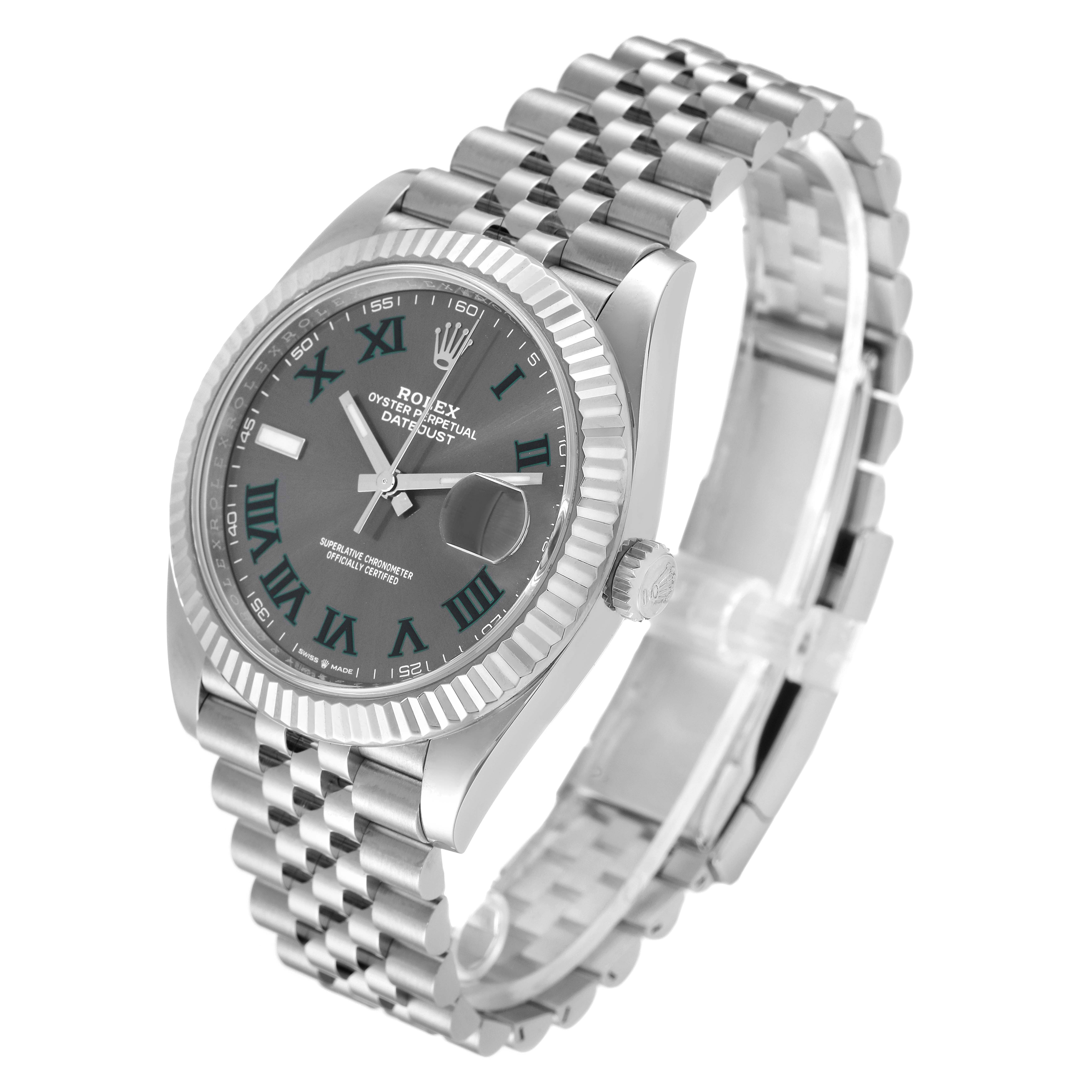 The image shows a Rolex Datejust 41 126334 Men's Stainless Steel Grey Dial 126334 Men's Stainless Steel Grey Dial watch from a three-quarter angle, highlighting its bracelet, case, and dial.
