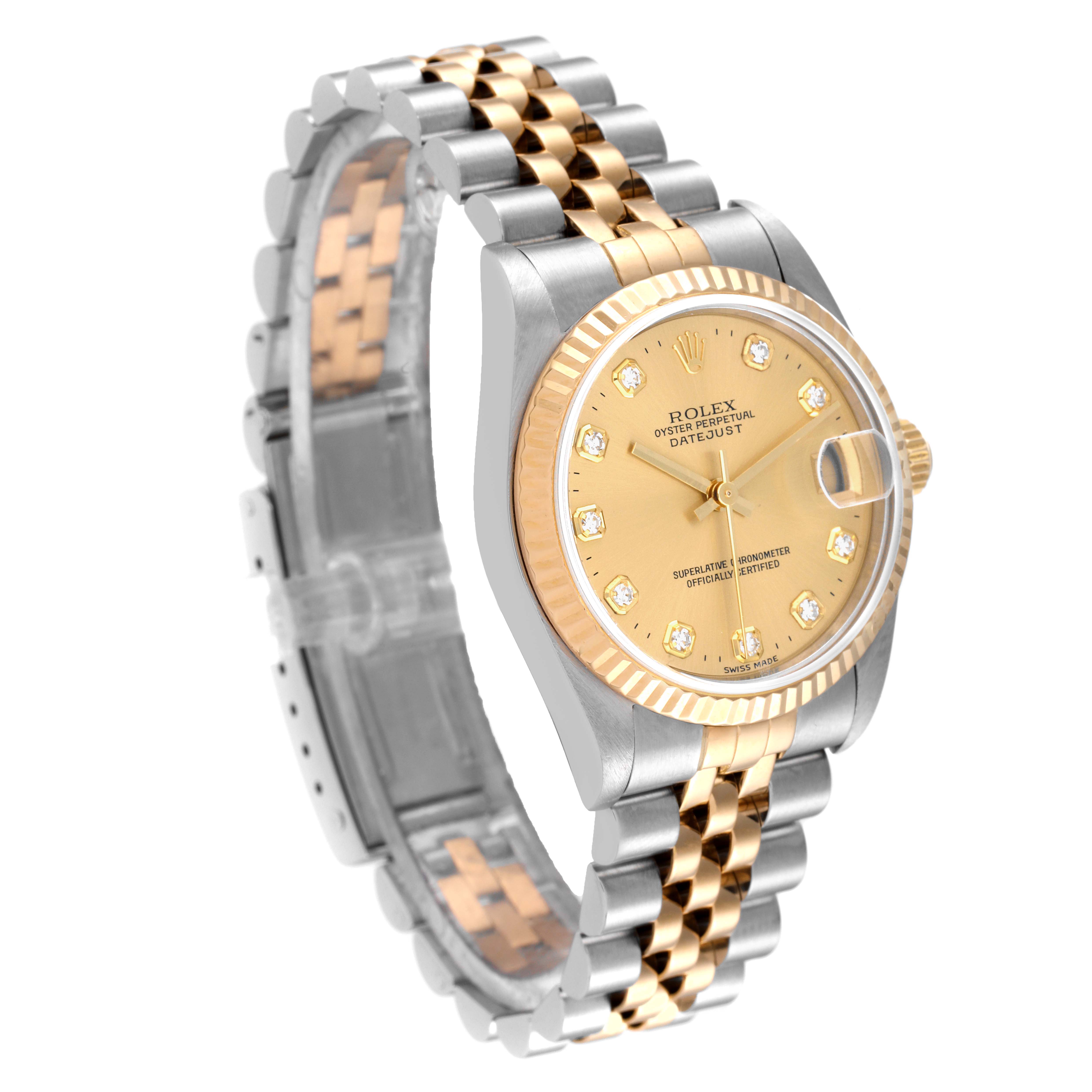 This image shows a Mid-Size Rolex Datejust watch at a slight angle, highlighting its two-tone bracelet and champagne dial.