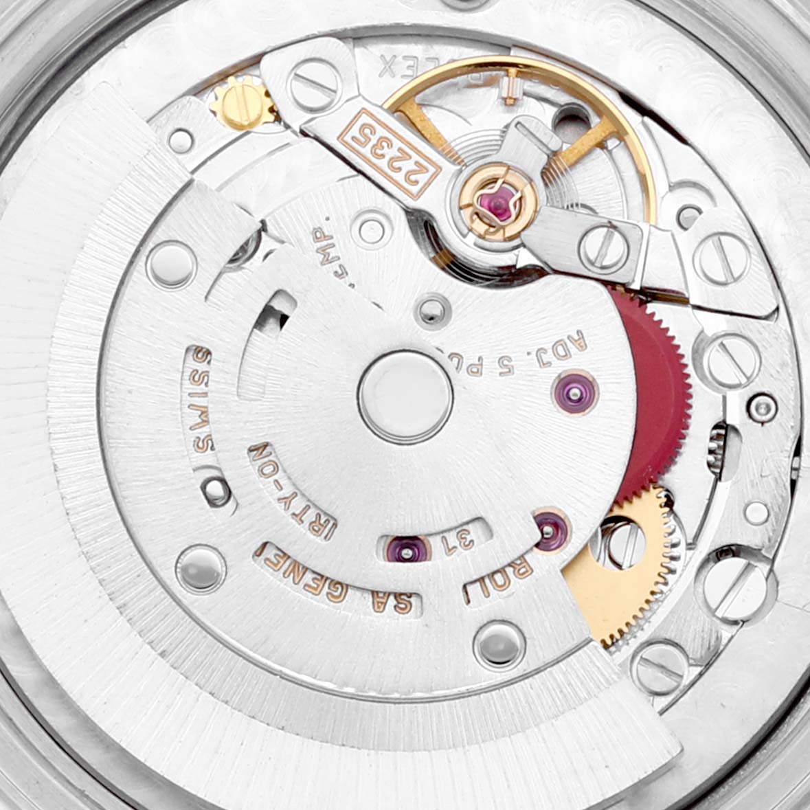 This image shows the internal movement mechanism of a mid-size Rolex watch taken from a top-down angle.