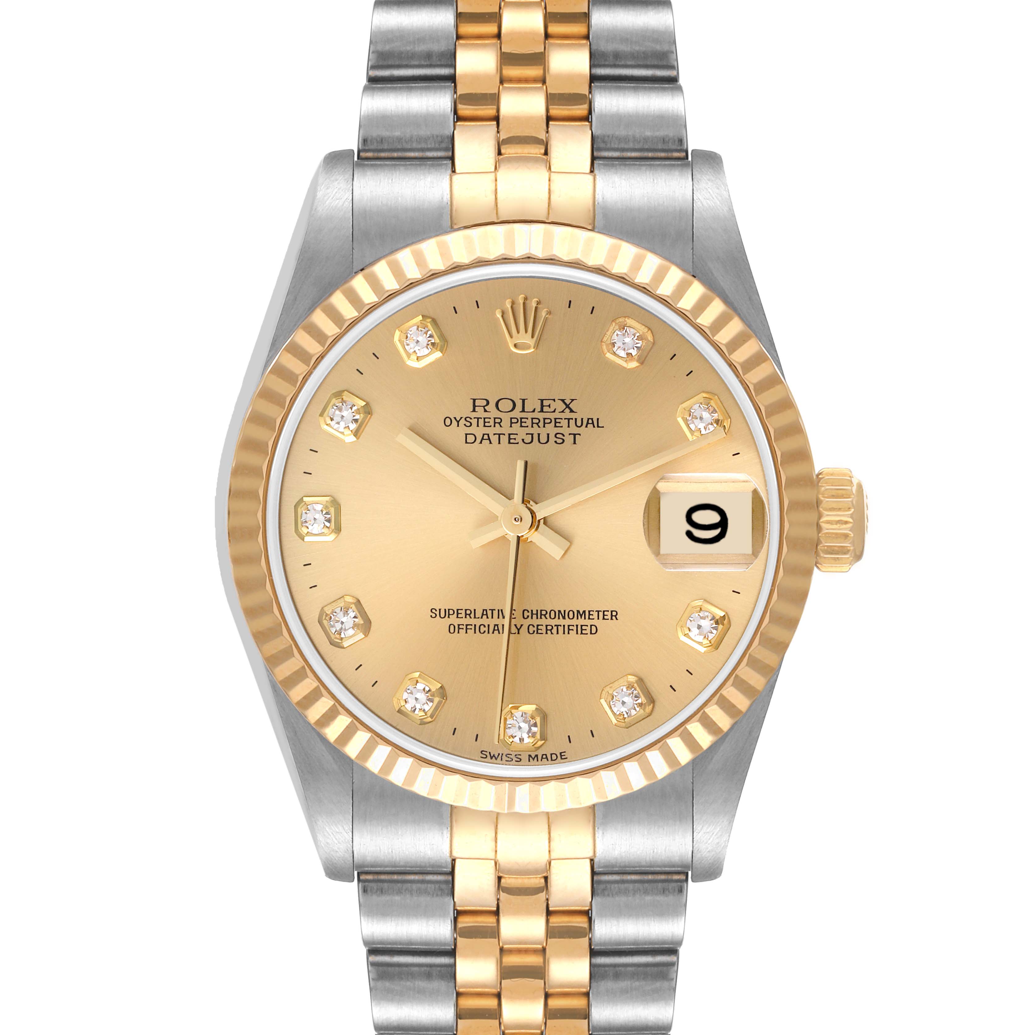 The image shows a front view of a Mid-Size Rolex Datejust watch with a gold dial, diamond markers, and a two-tone bracelet.