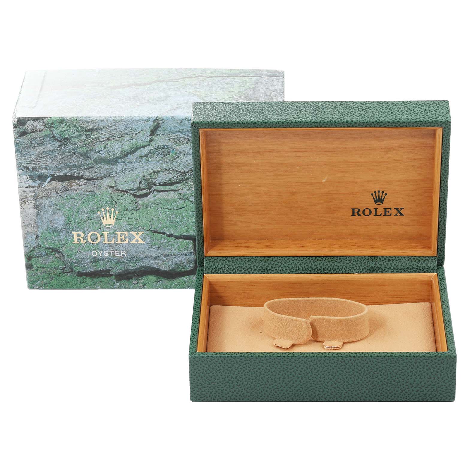 The image shows an open Rolex Mid-Size 78273 Women
s Steel and Gold (two tone) Champagne Dial 78273 Women
s Steel and Gold (two tone) Champagne Dial watch box and its outer textured green packaging.