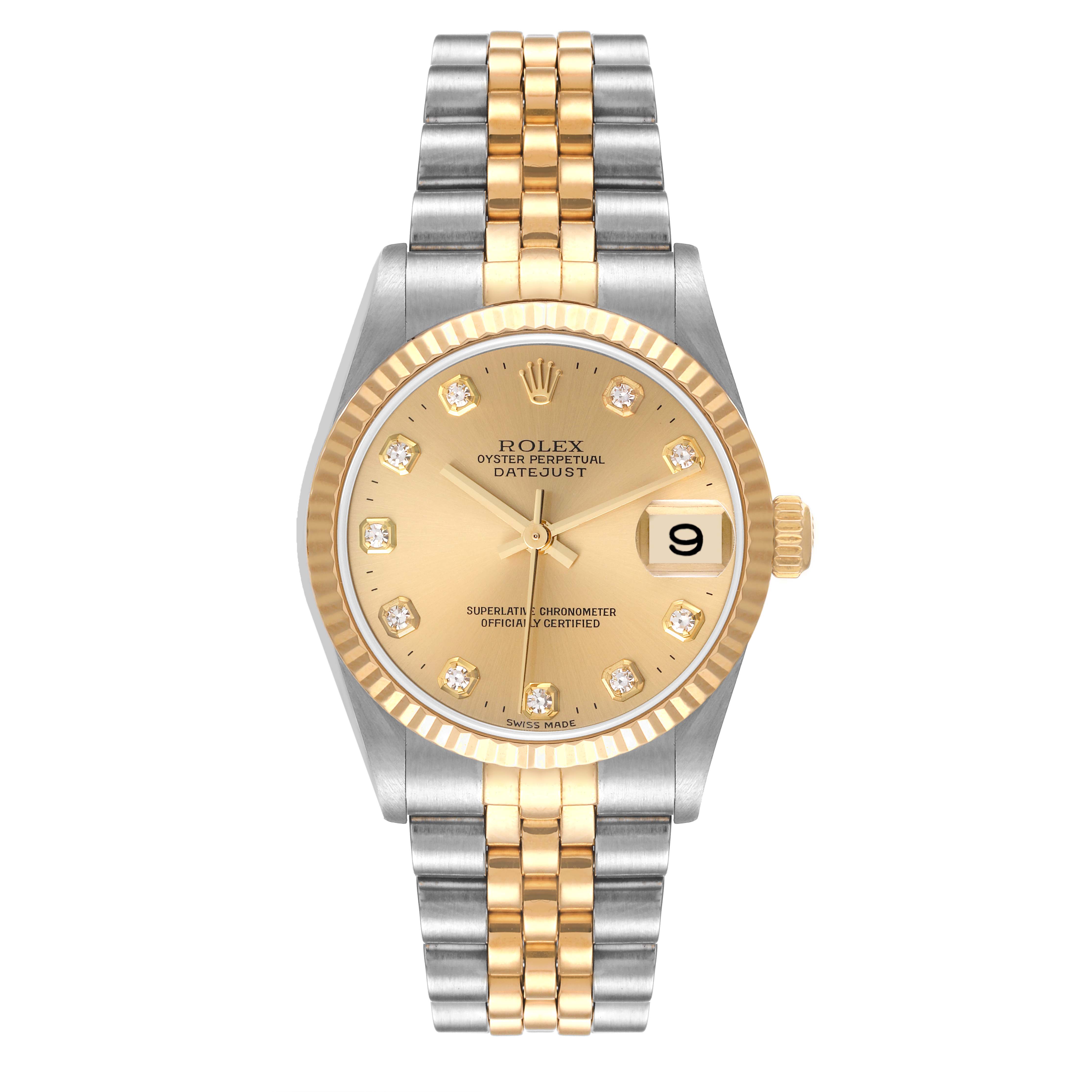 This is a front view of a Rolex Mid-Size 78273 Women
s Steel and Gold (two tone) Champagne Dial 78273 Women
s Steel and Gold (two tone) Champagne Dial Oyster Perpetual Datejust watch, showcasing the face and two-tone bracelet.