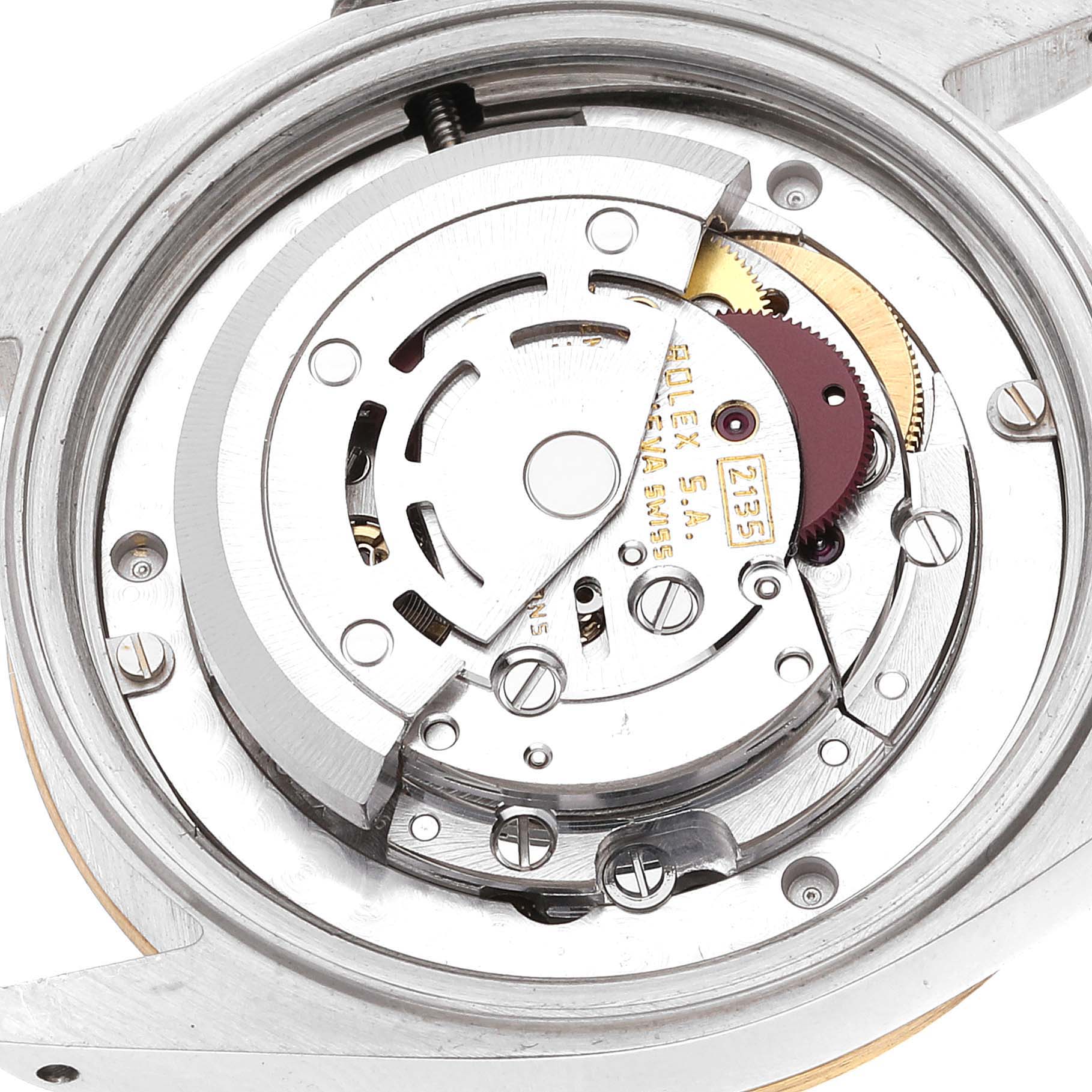The image shows a close-up, top-down view of the internal movement components of the Rolex Mid-Size 68273 Women's Steel and Gold (two tone) Champagne Dial 68273 Women's Steel and Gold (two tone) Champagne Dial model watch.