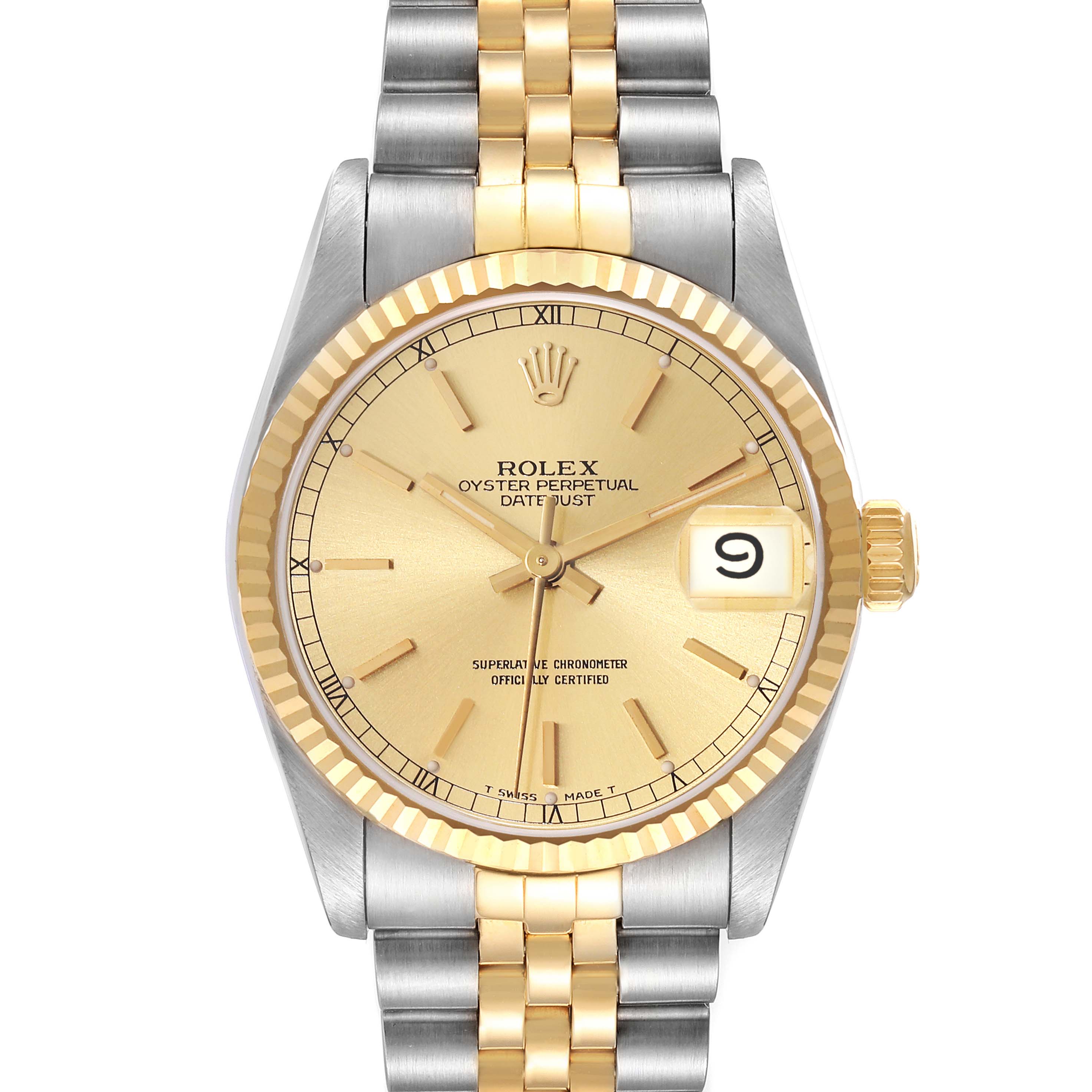 The image shows the front view of a Rolex Oyster Perpetual Datejust Mid-Size watch with a gold and silver bracelet.