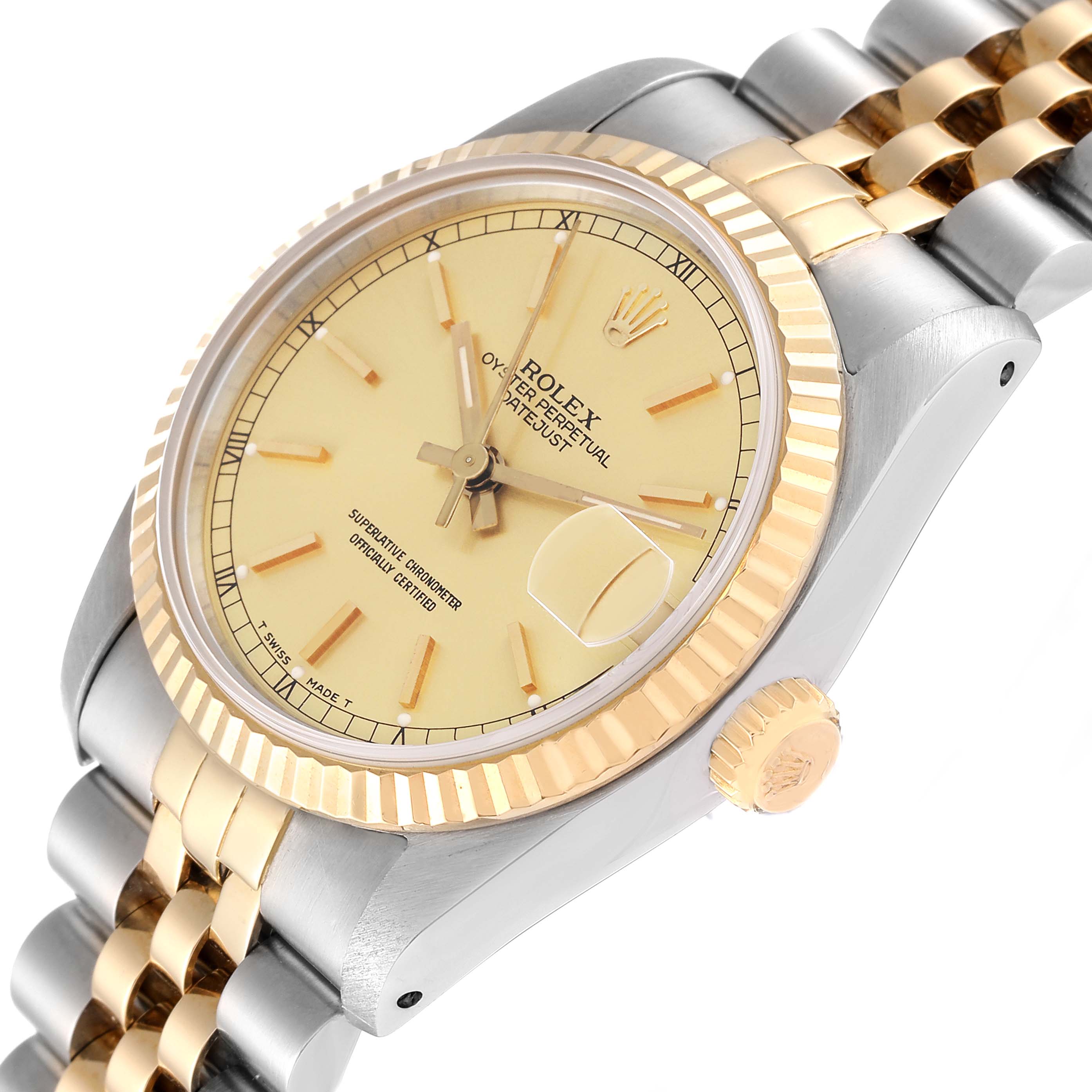 This image shows a Rolex Mid-Size 68273 Women's Steel and Gold (two tone) Champagne Dial 68273 Women's Steel and Gold (two tone) Champagne Dial watch from an angled perspective, highlighting its bezel, crown, dial, and two-tone bracelet.