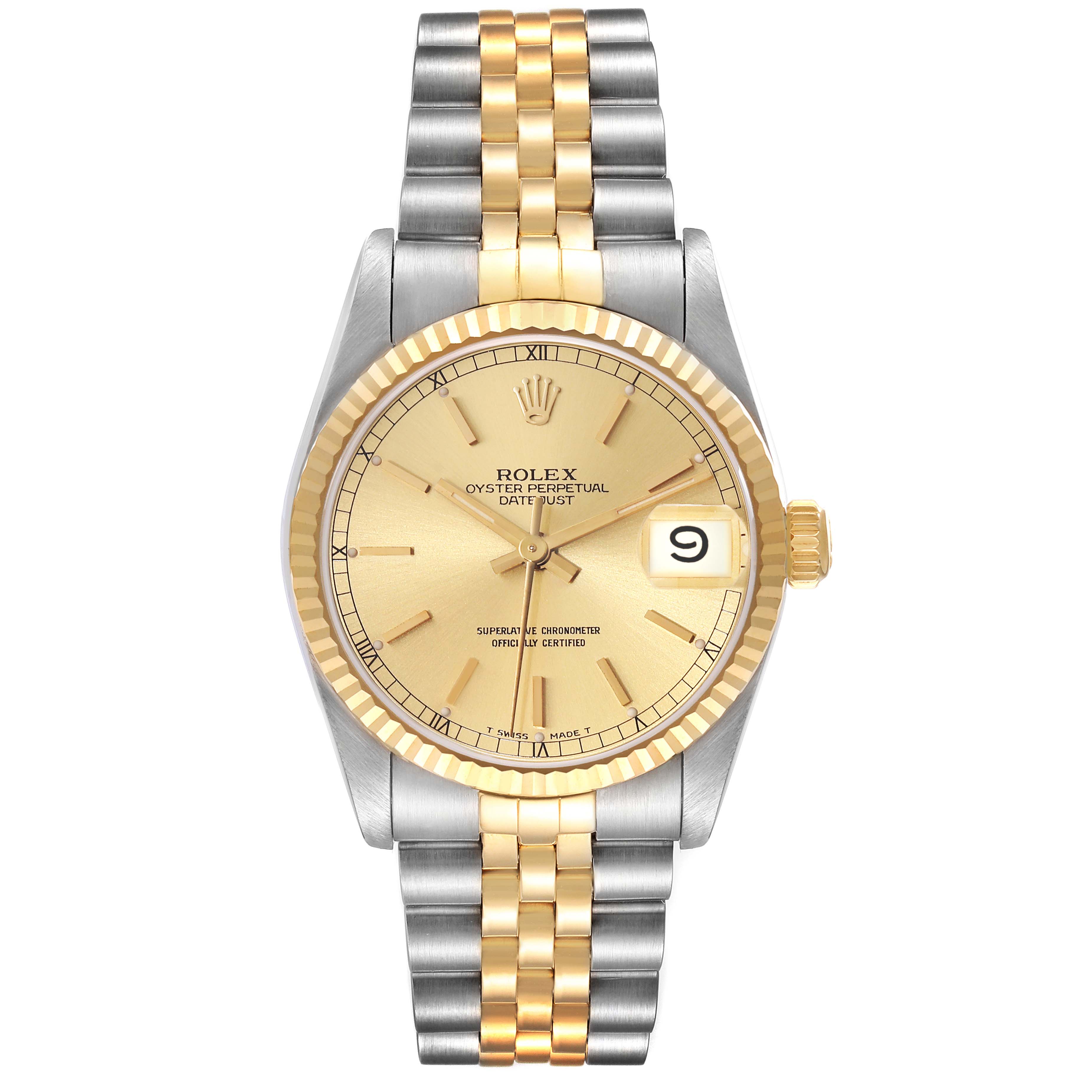 The image shows a front view of the Rolex Oyster Perpetual Datejust Mid-Size watch, featuring a two-tone bracelet and a gold dial with date display.
