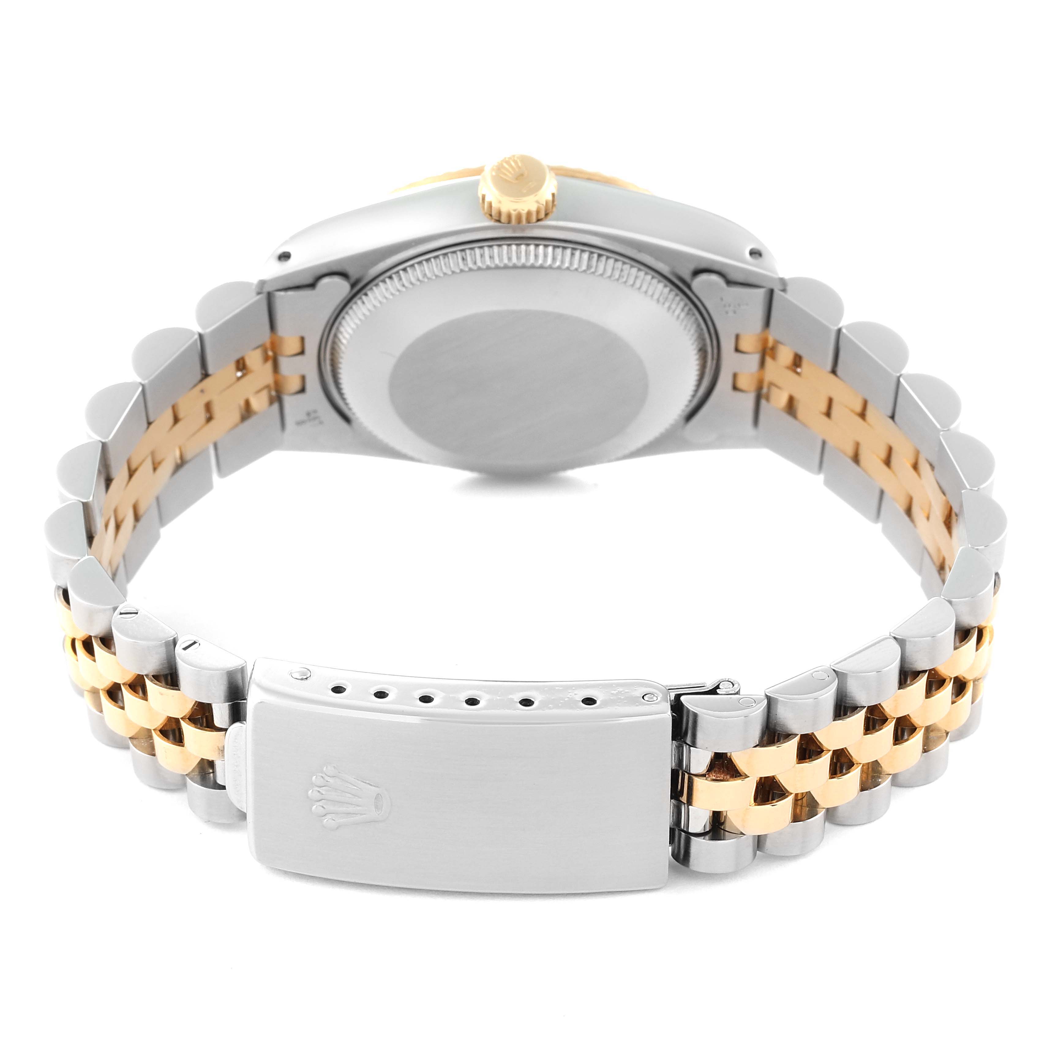 This image shows the back case and bracelet of a Mid-Size Rolex watch, highlighting the two-tone metal design and clasp.