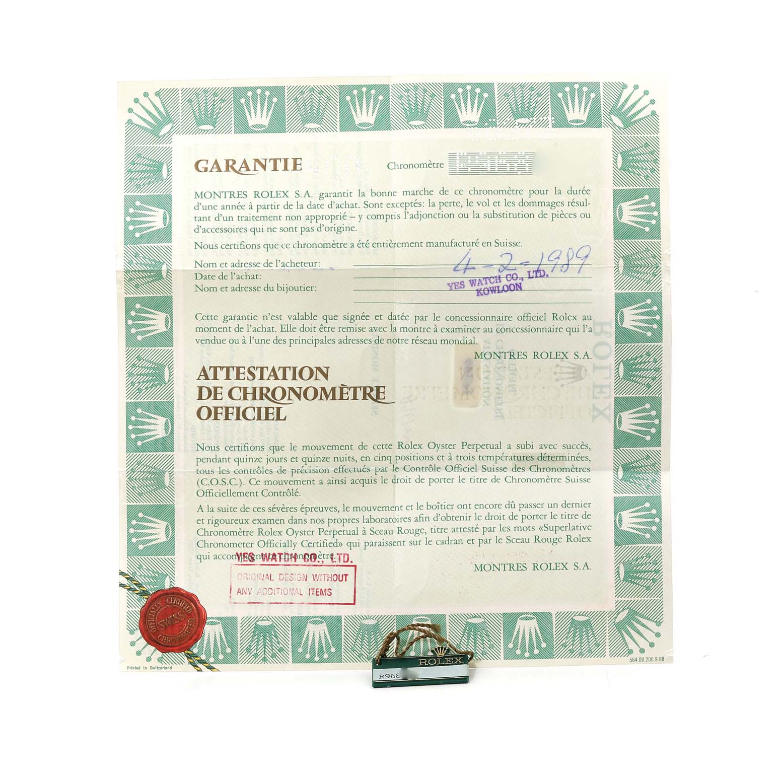 This image shows official documents for a Rolex Mid-Size 68273 Women's Steel and Gold (two tone) Champagne Dial 68273 Women's Steel and Gold (two tone) Champagne Dial model watch, including the warranty and chronometer certification.
