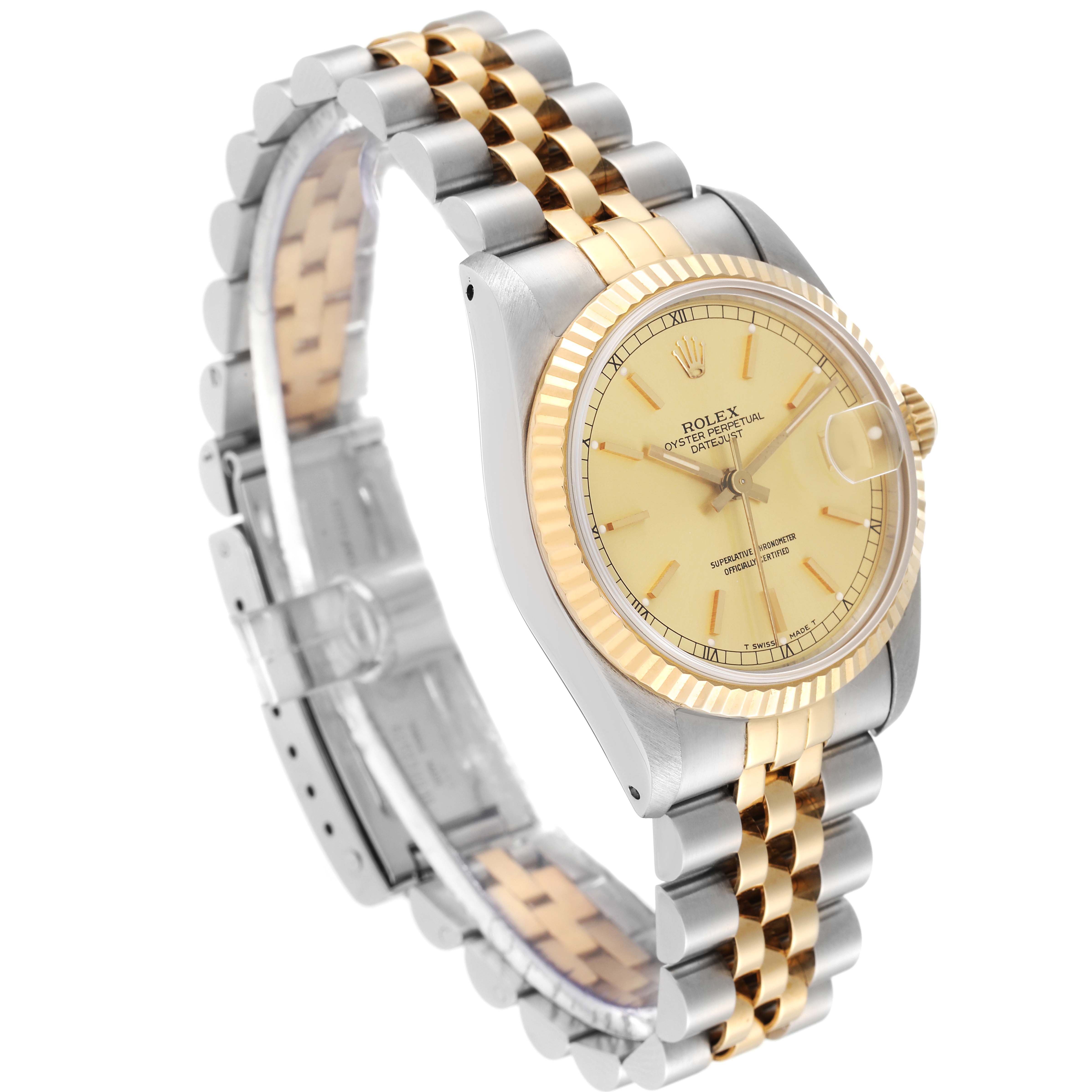 The image shows a side angle of a Rolex Mid-Size 68273 Women's Steel and Gold (two tone) Champagne Dial 68273 Women's Steel and Gold (two tone) Champagne Dial Oyster Perpetual Datejust with a silver and gold bracelet and a yellow dial.