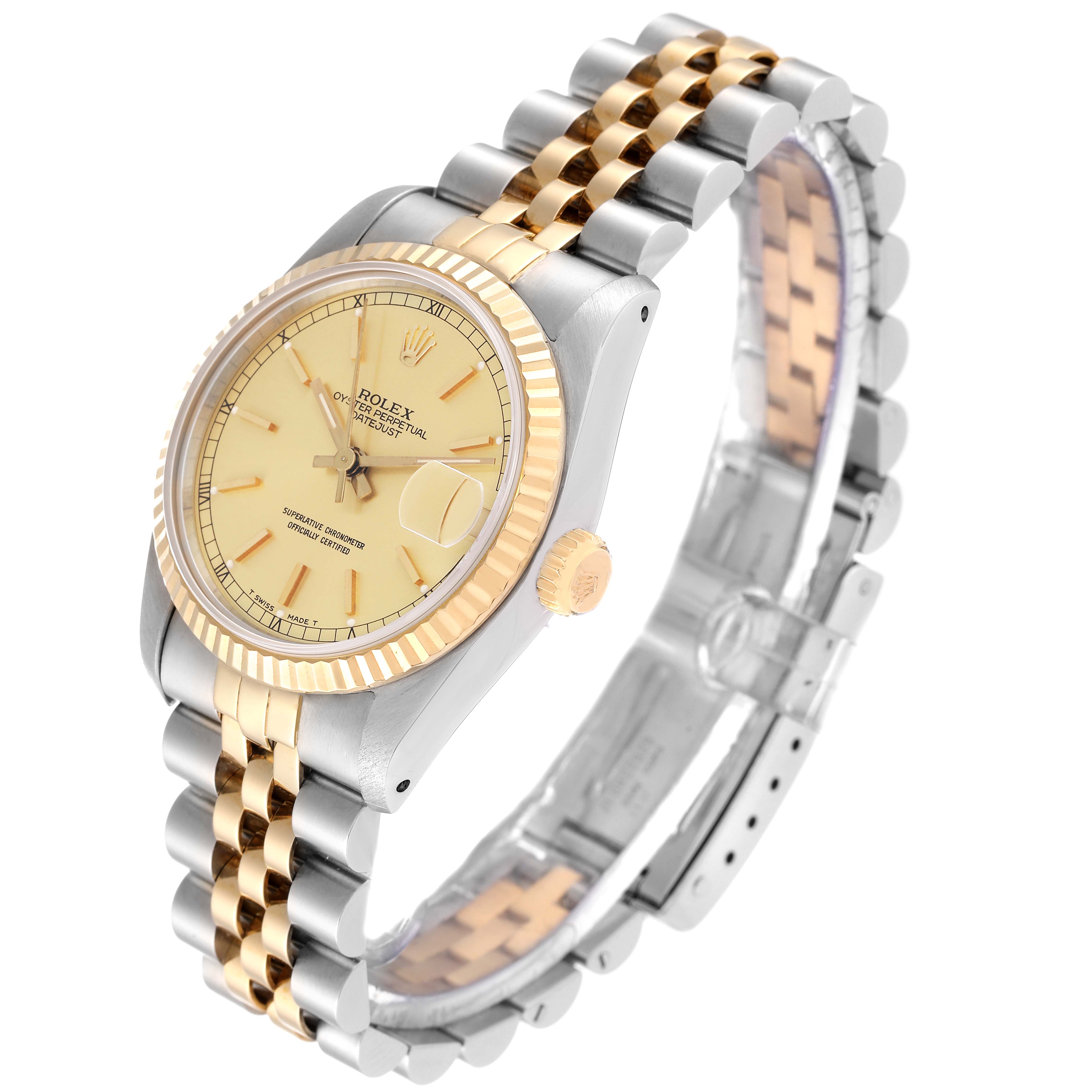 The image shows a Rolex Mid-Size 68273 Women's Steel and Gold (two tone) Champagne Dial 68273 Women's Steel and Gold (two tone) Champagne Dial model watch at an angle displaying its face, bezel, crown, and two-tone bracelet.