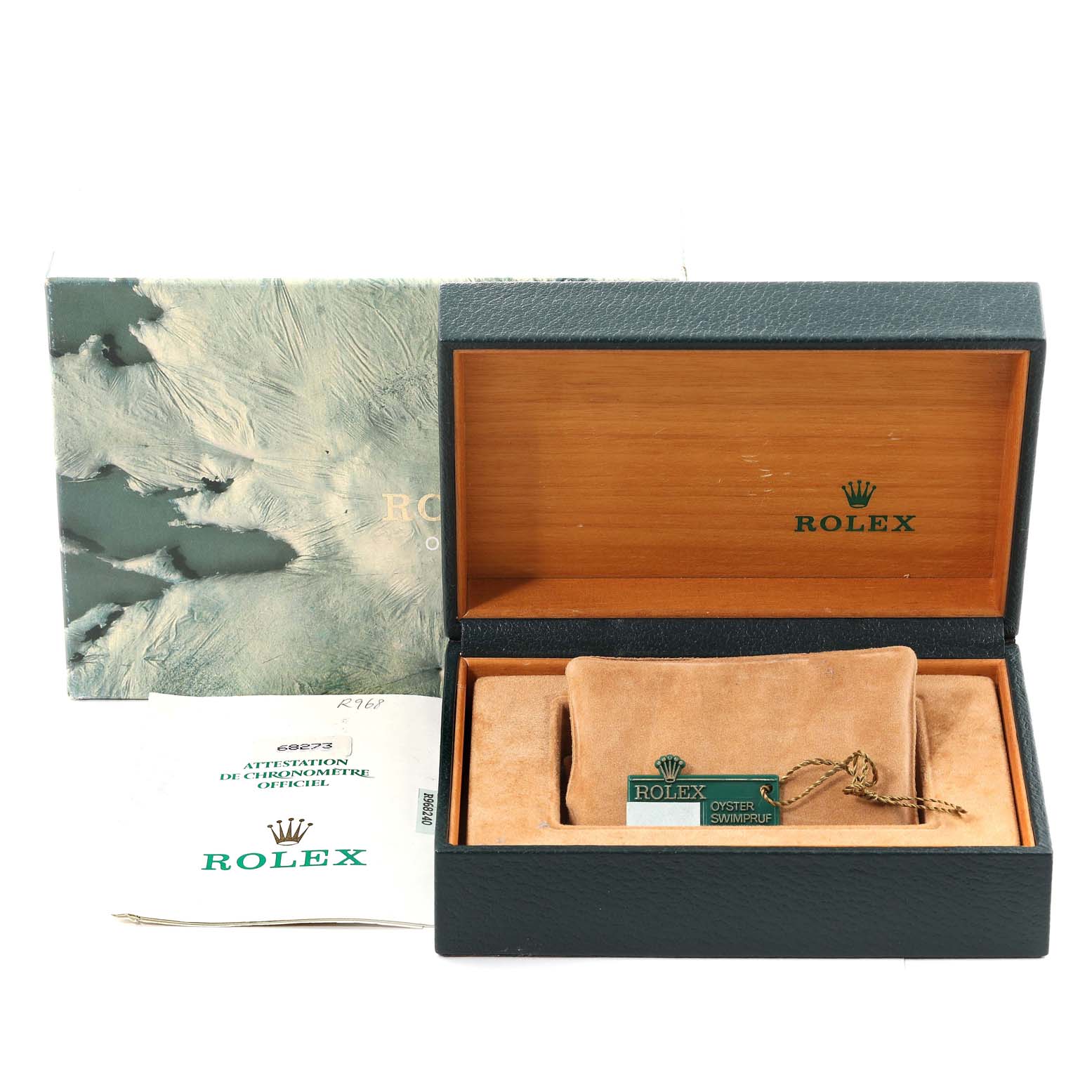 This image shows a Rolex Mid-Size 68273 Women's Steel and Gold (two tone) Champagne Dial 68273 Women's Steel and Gold (two tone) Champagne Dial watch box at an angled top view, including the storage box, cushion, booklet, and hang tag.