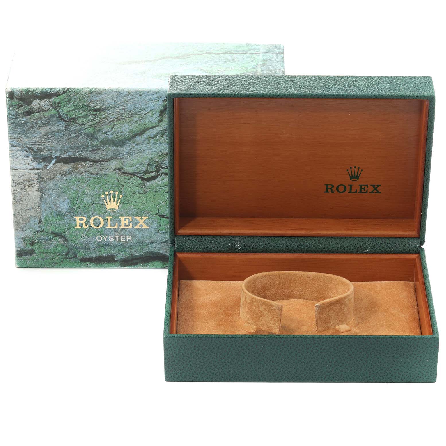 This image shows an open green Rolex box for the Mid-Size model, including the suede watch holder and outer storage box.