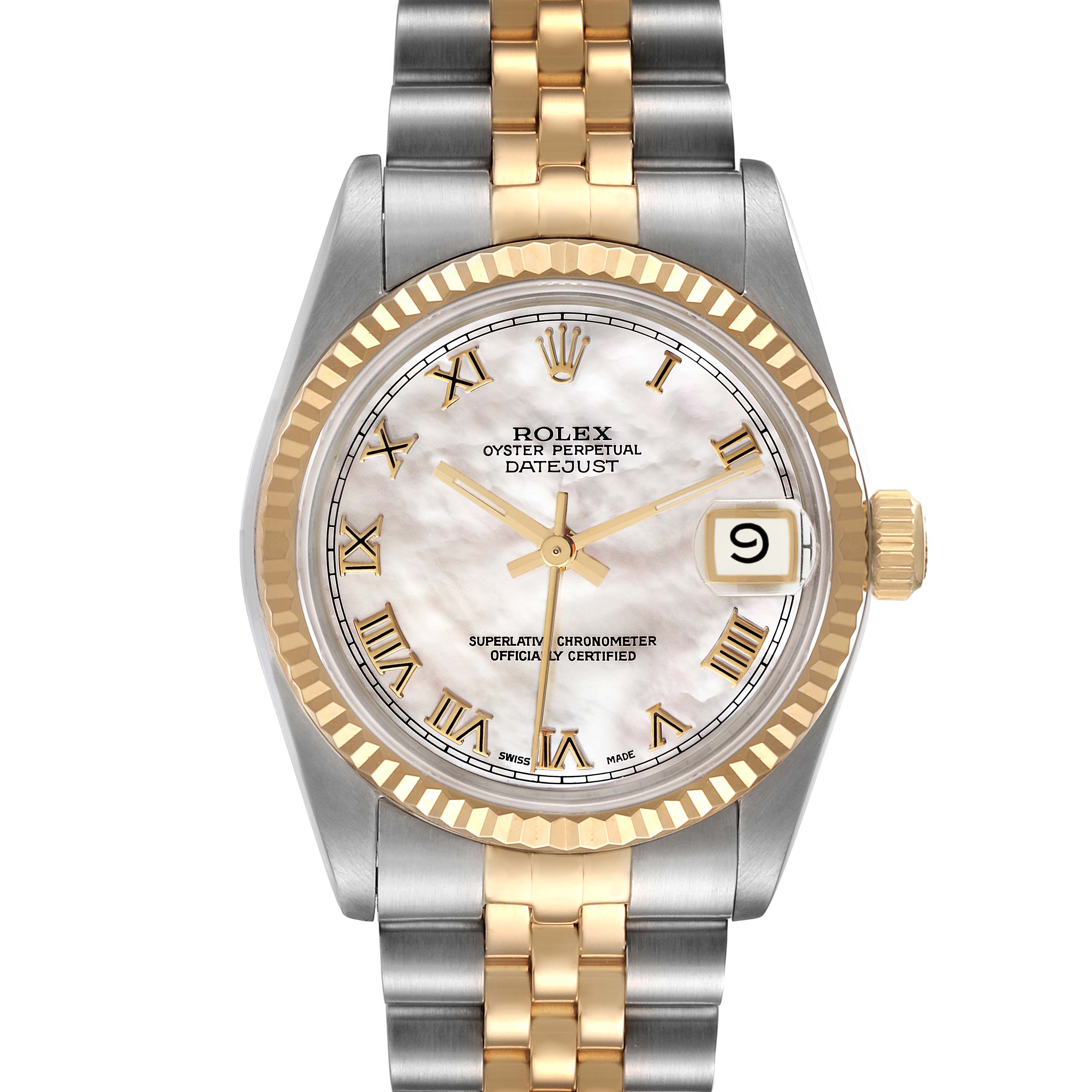 This image shows a front view of the Rolex Oyster Perpetual Datejust Mid-Size watch, highlighting the dial, hands, bezel, and bracelet.