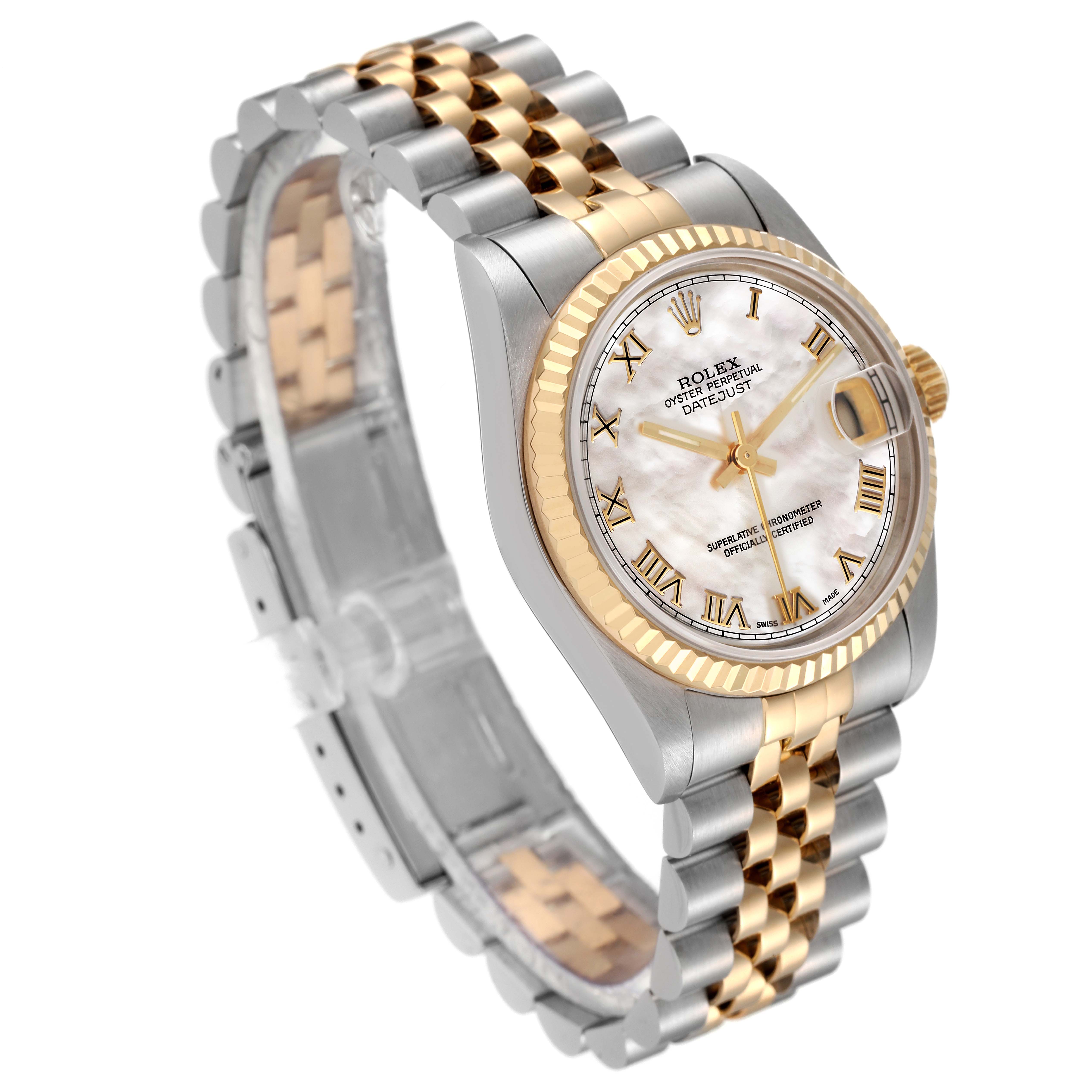 This image shows a Rolex Datejust Mid-Size watch at an angled side view, highlighting its two-tone bracelet and white dial.