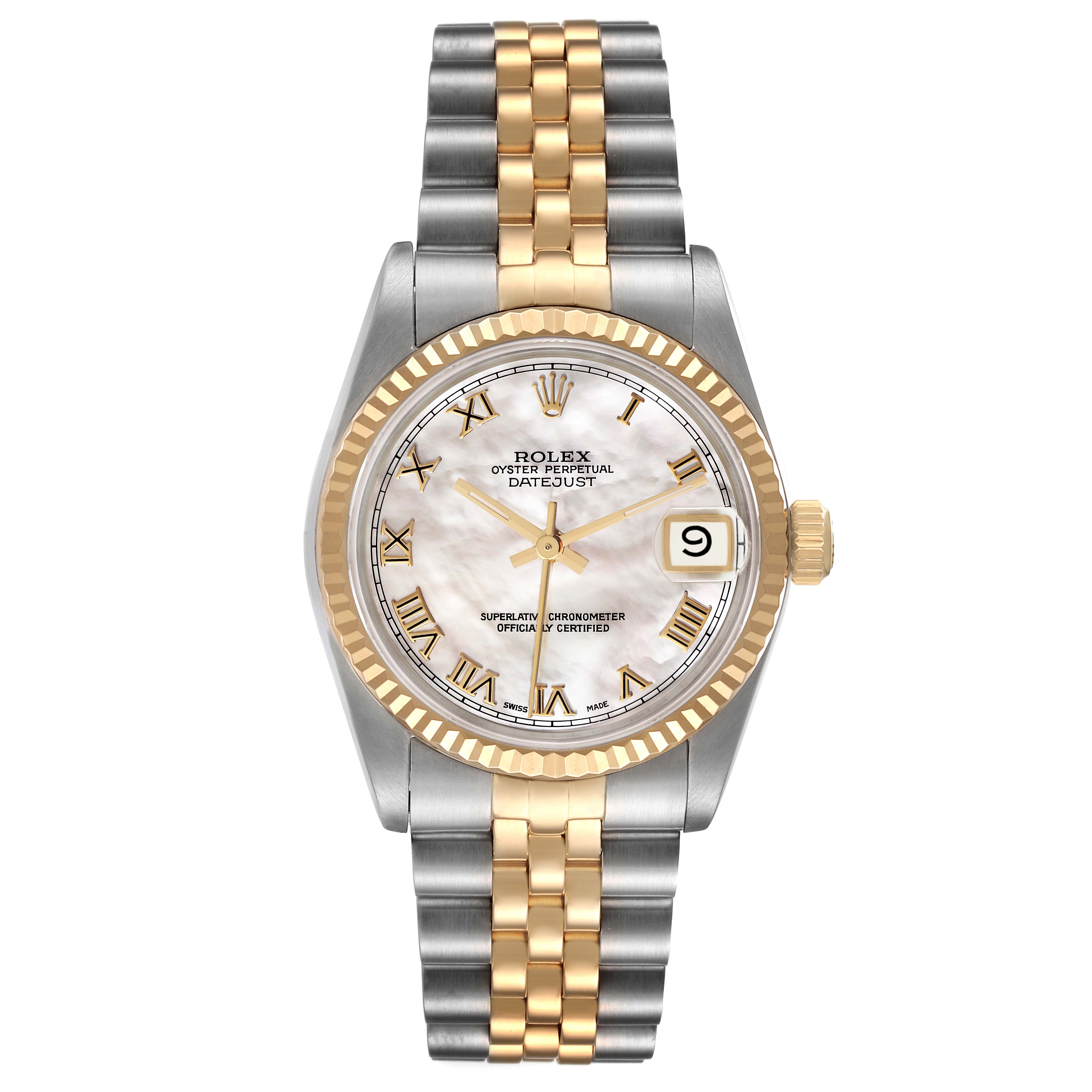 This Rolex Oyster Perpetual Datejust Mid-Size watch is shown from a top-down angle, displaying the face, bezel, crown, and bracelet.