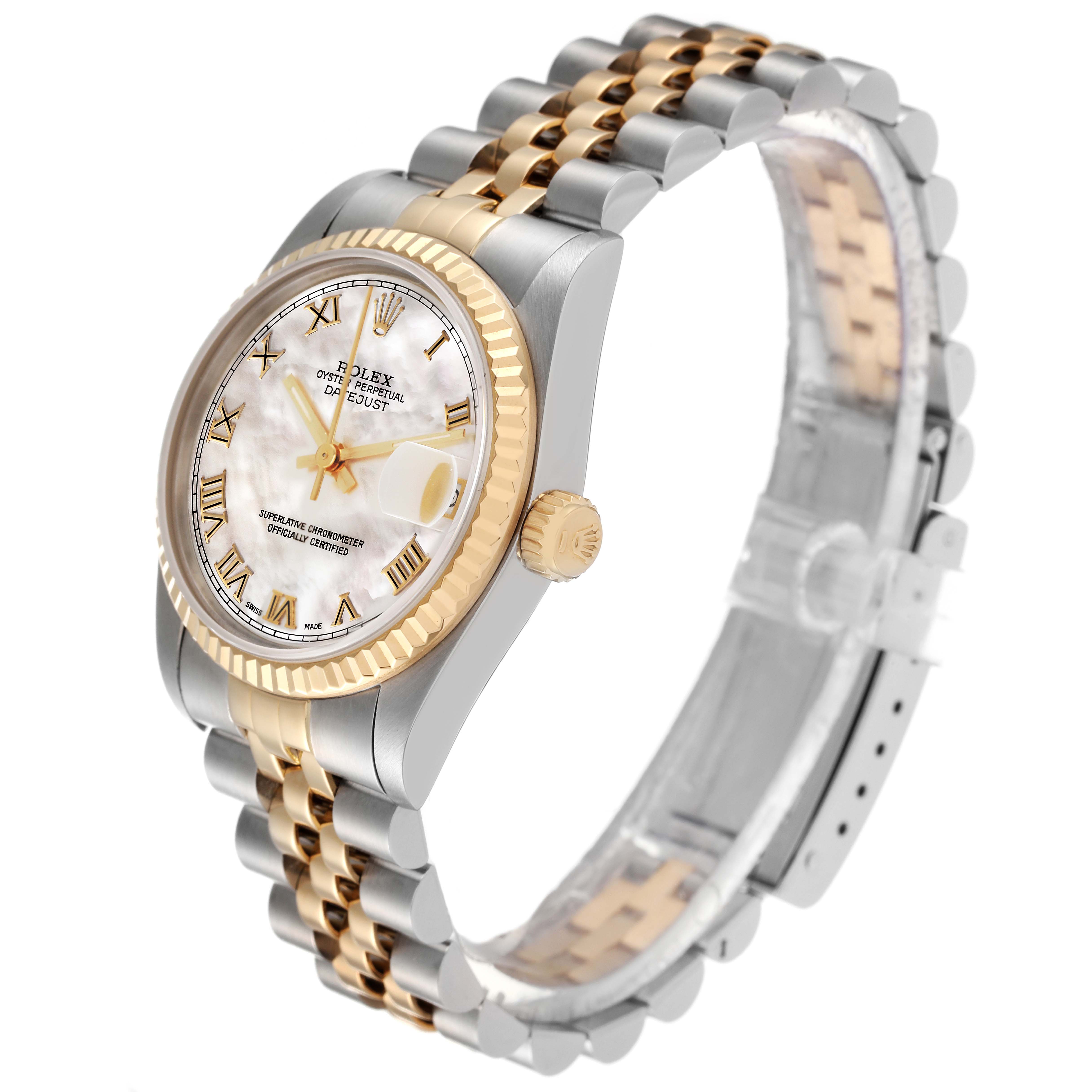 The Rolex Mid-Size 68273 Women's Steel and Gold (two tone) Mother of Pearl Dial 68273 Women's Steel and Gold (two tone) Mother of Pearl Dial model watch is displayed at an angled front view, showcasing its face, bezel, crown, and two-tone bracelet.