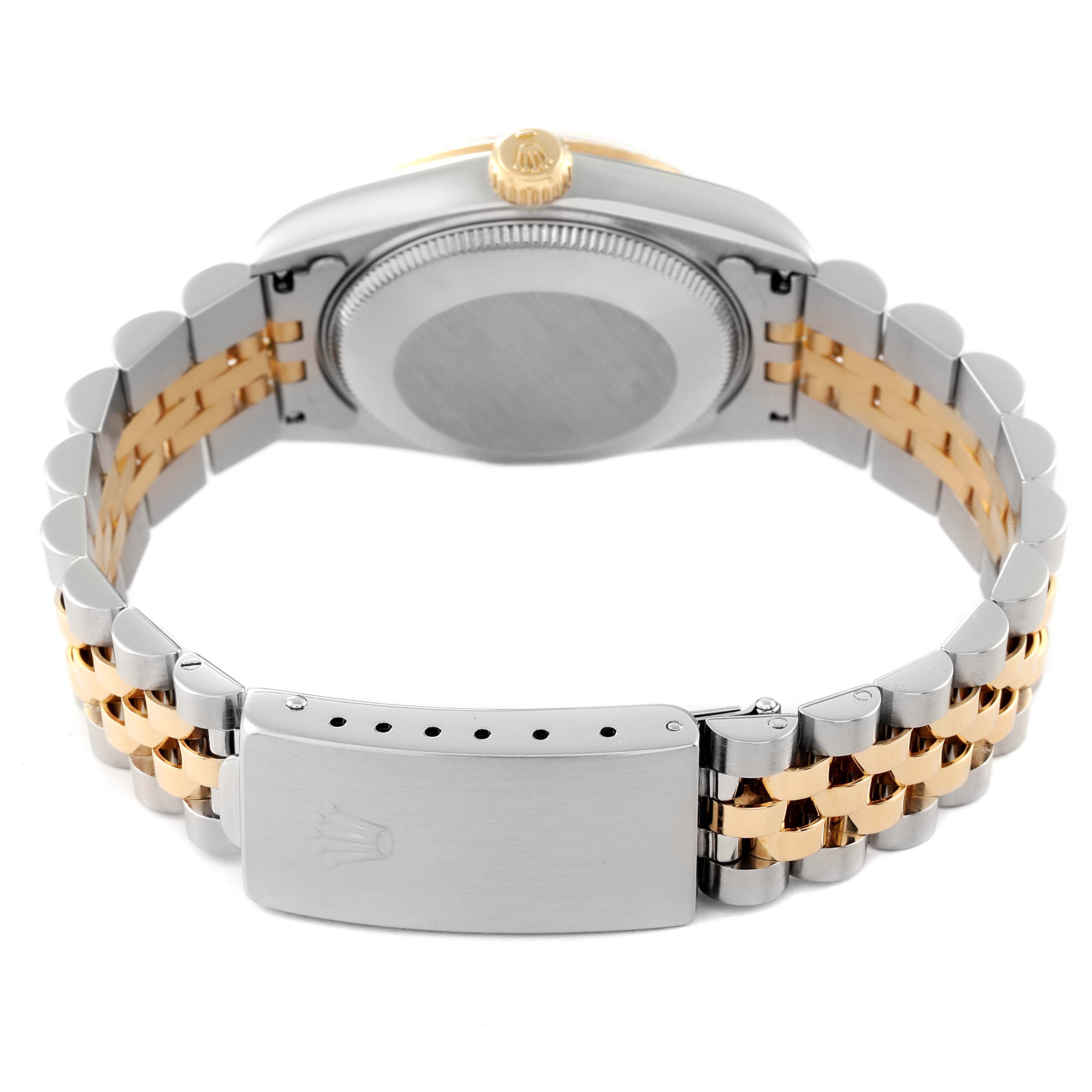 This image shows the back view of a Rolex Mid-Size 68273 Women's Steel and Gold (two tone) Mother of Pearl Dial 68273 Women's Steel and Gold (two tone) Mother of Pearl Dial watch, highlighting the case back, crown, and two-tone bracelet with clasp.