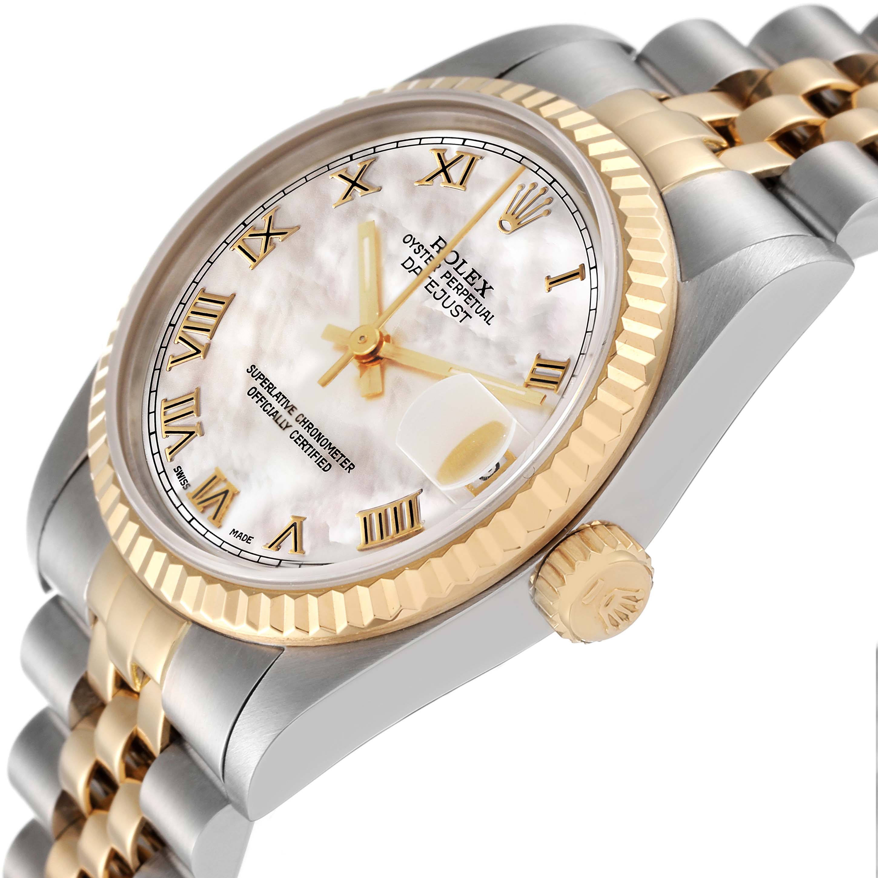 This image shows a side-angle view of a Rolex Mid-Size 68273 Women's Steel and Gold (two tone) Mother of Pearl Dial 68273 Women's Steel and Gold (two tone) Mother of Pearl Dial watch, highlighting its face, bezel, and part of the bracelet.