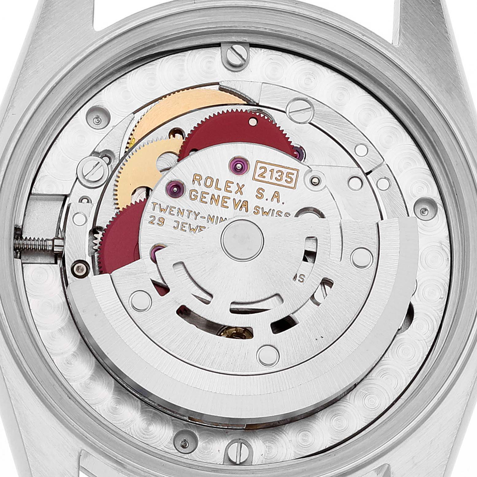 The image shows the movement and internal mechanics of a Rolex Mid-Size 68273 Women's Steel and Gold (two tone) Mother of Pearl Dial 68273 Women's Steel and Gold (two tone) Mother of Pearl Dial watch from a top-down angle.