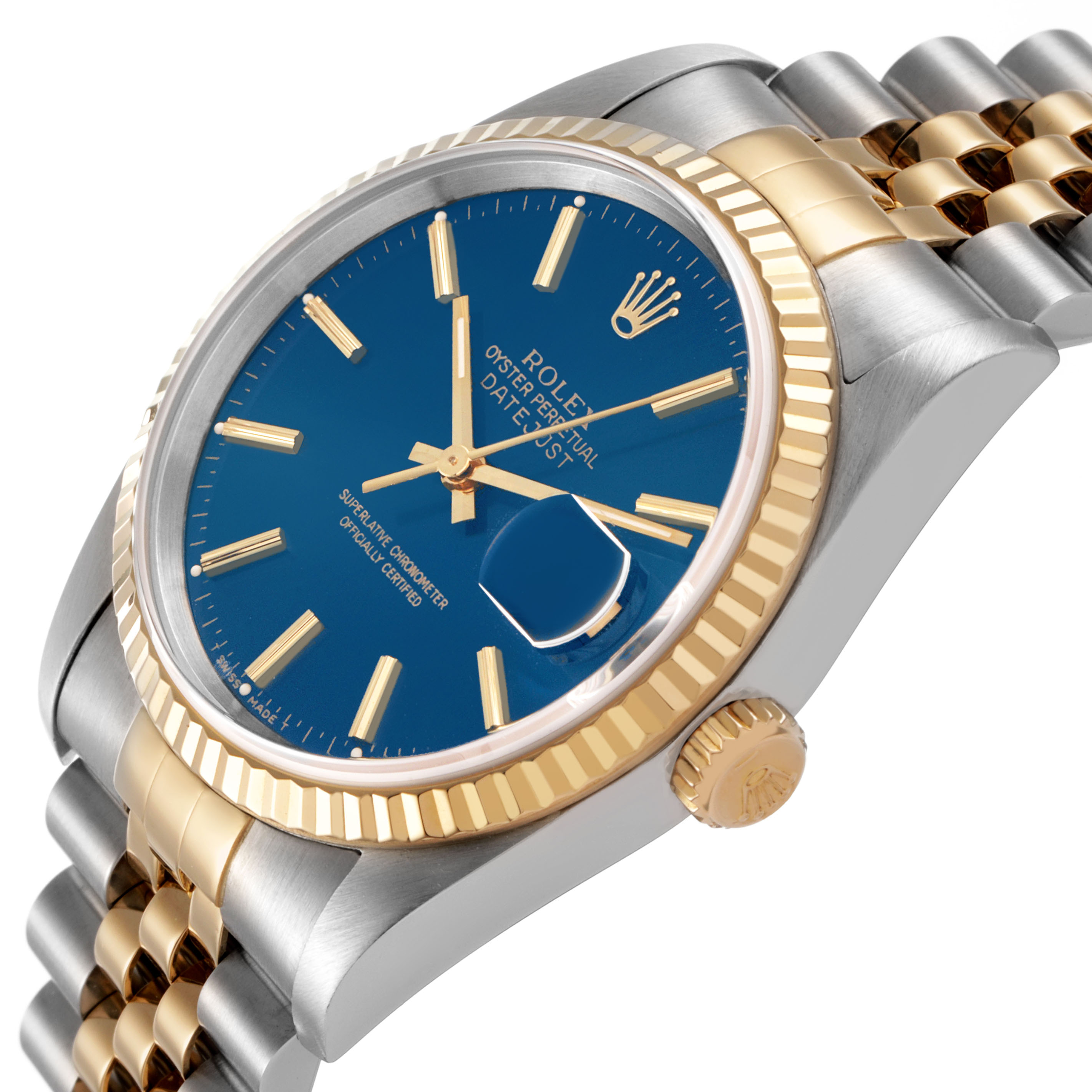 The Rolex Datejust 16233 Men's Steel and Gold (two tone) Blue Dial watch is shown at an angled side view, highlighting the blue dial, fluted bezel, and two-tone Jubilee bracelet.