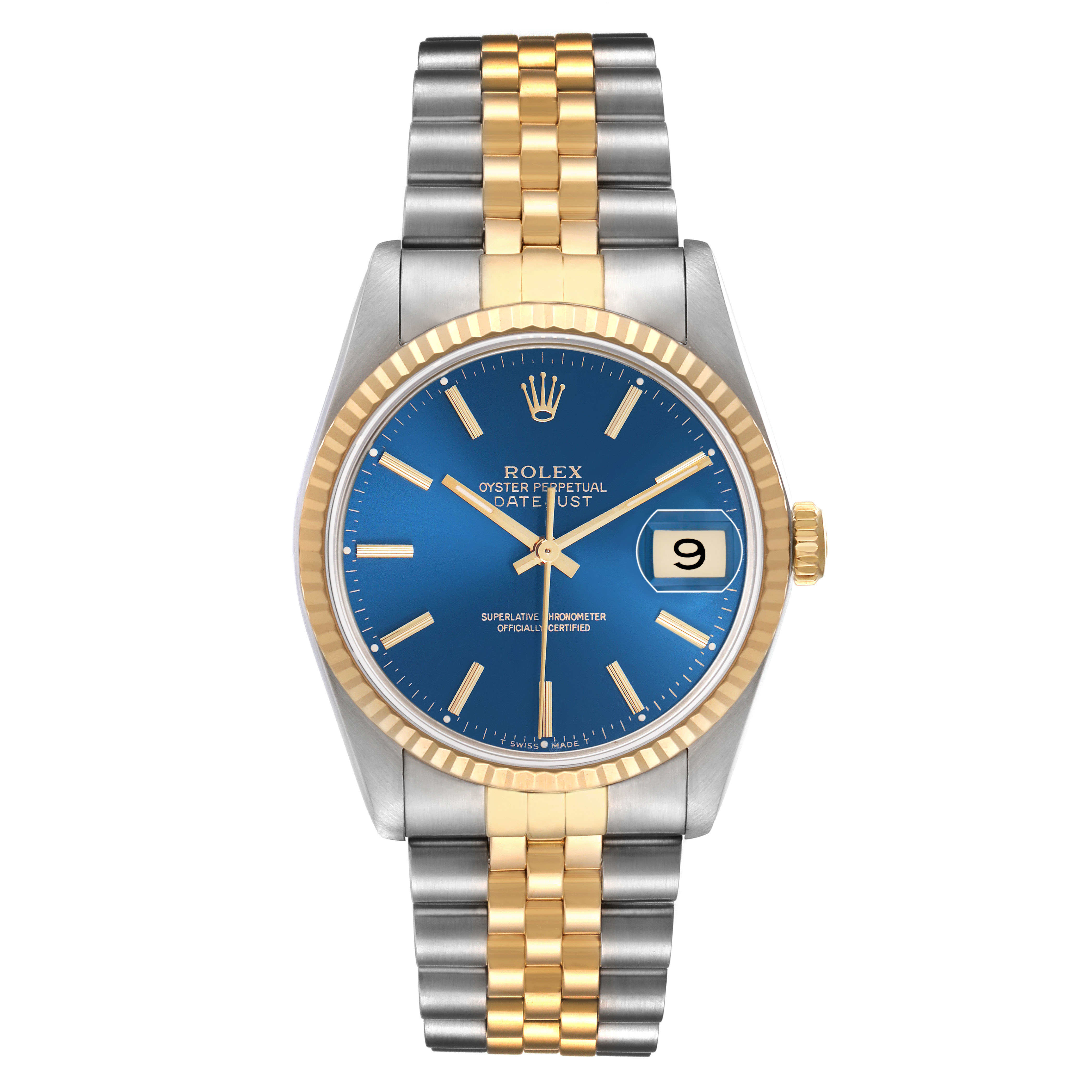 The Rolex Datejust 16233 Men's Steel and Gold (two tone) Blue Dial watch is shown from the front, highlighting its blue dial, gold bezel, and two-tone bracelet.