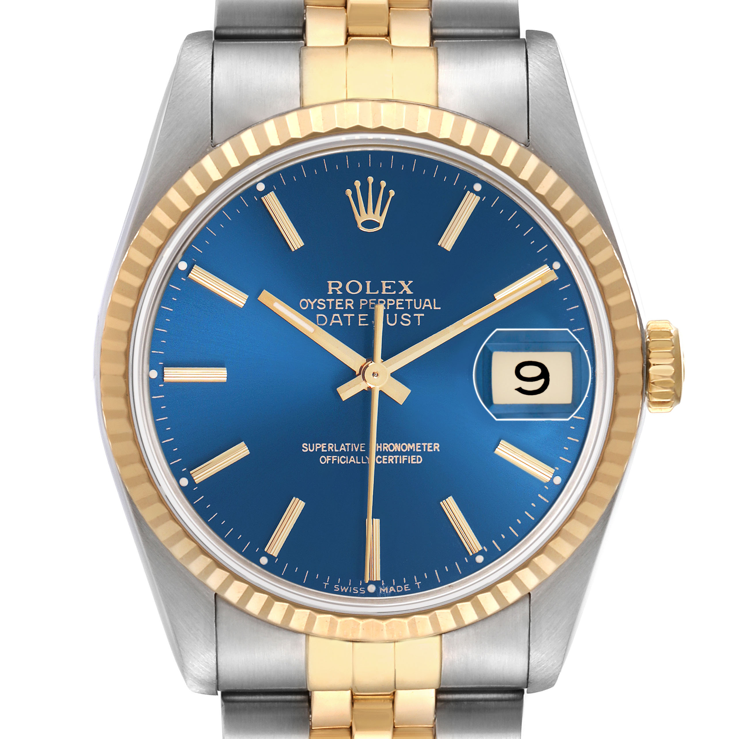 The Rolex Datejust 16233 Men's Steel and Gold (two tone) Blue Dial watch is shown front-facing, highlighting the blue dial, gold fluted bezel, and two-tone bracelet.