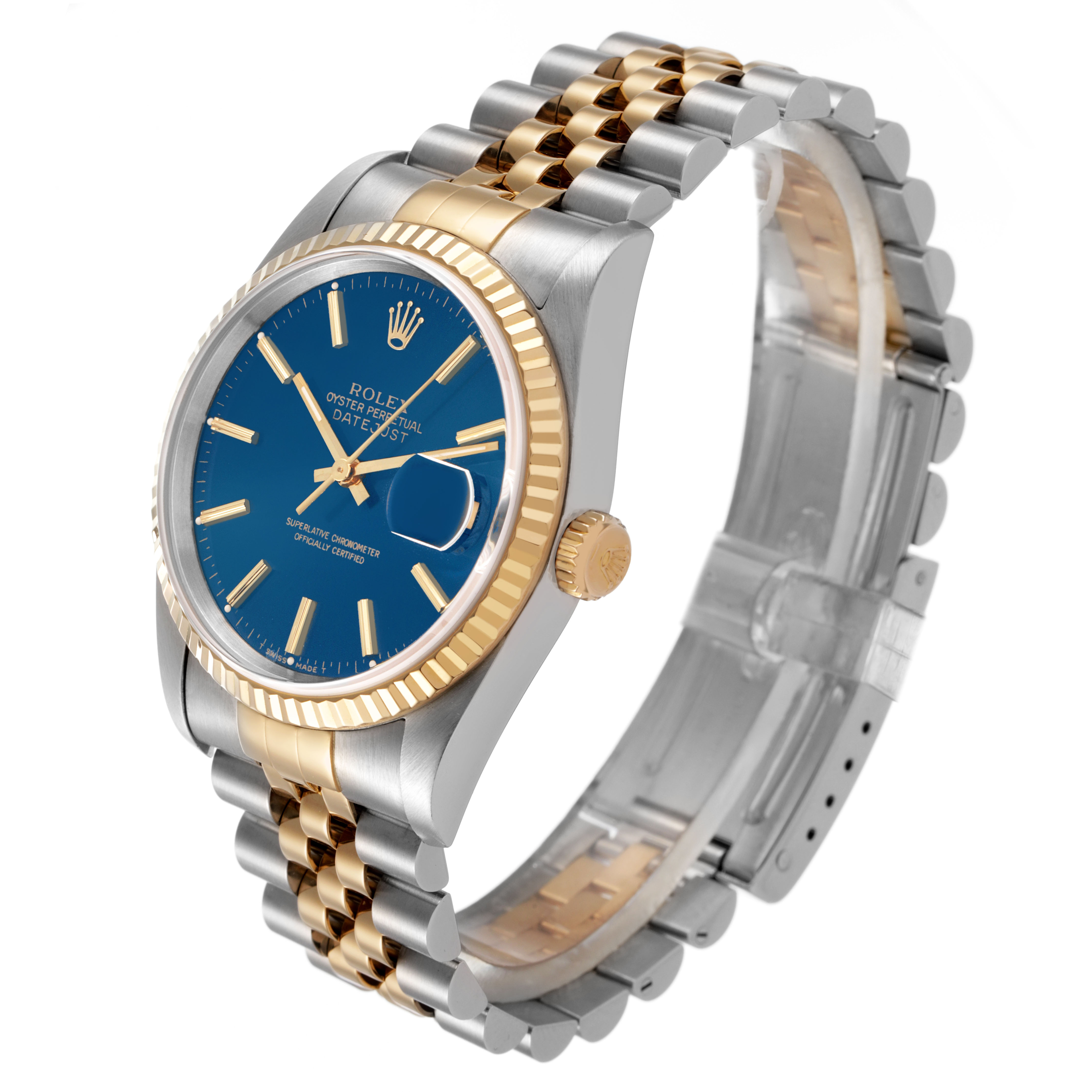 The Rolex Datejust 16233 Men's Steel and Gold (two tone) Blue Dial watch is shown at a three-quarter angle highlighting the dial, bezel, crown, and bracelet.