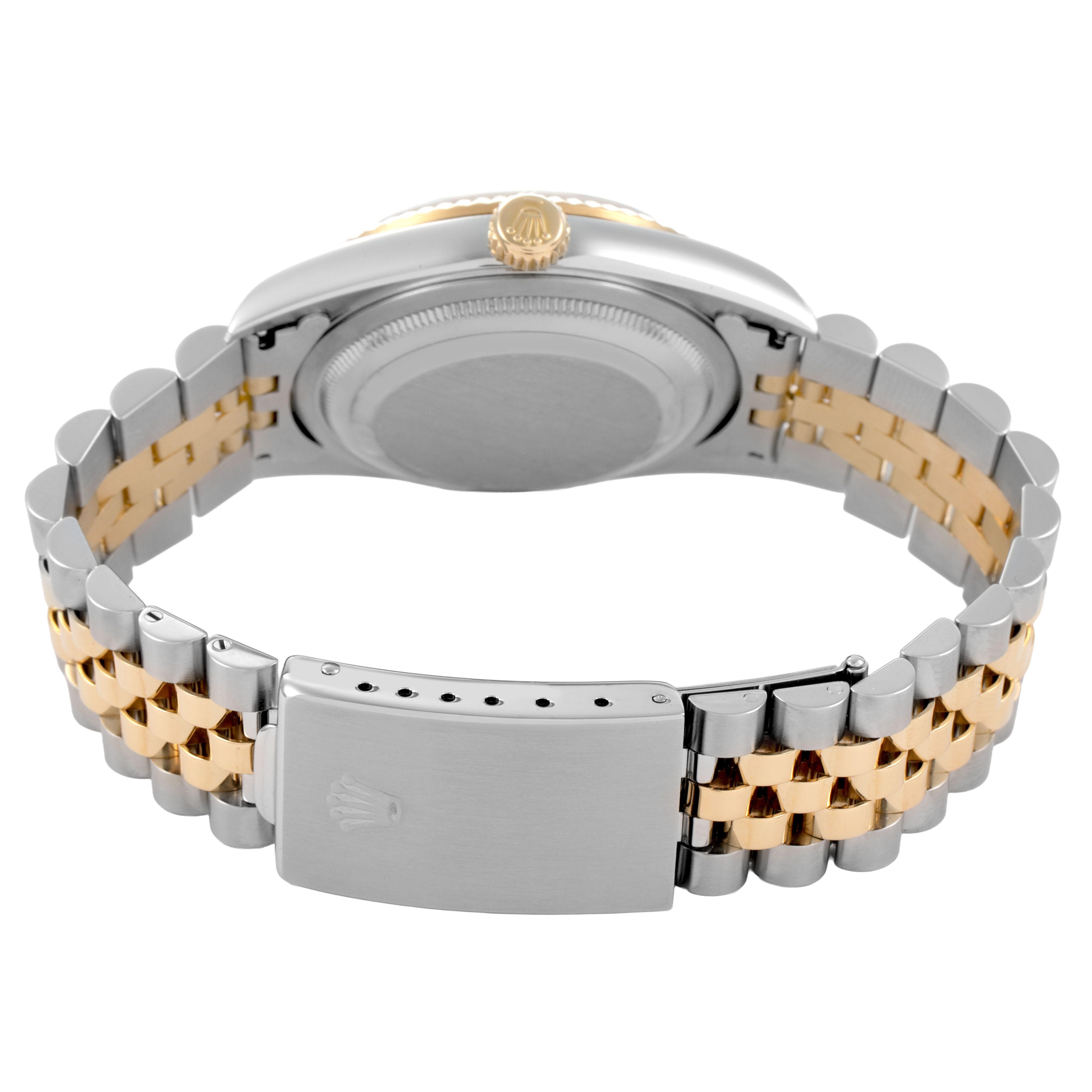 The image shows the back view of a Rolex Datejust 16233 Men's Steel and Gold (two tone) Blue Dial, highlighting the bracelet, clasp, and case back.