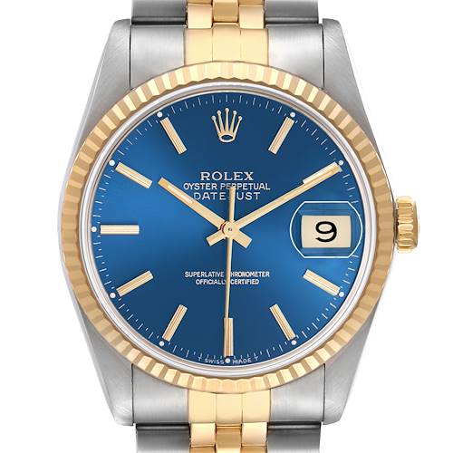 The Rolex Datejust 16233 Men's Steel and Gold (two tone) Blue Dial watch is shown from the front, featuring the blue dial, gold hands, date window, bezel, crown, and part of the bracelet.