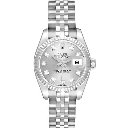 The Rolex Datejust 179174 Women's Stainless Steel Silver Dial watch is shown from a top-down angle, highlighting its face, dial, and bracelet.