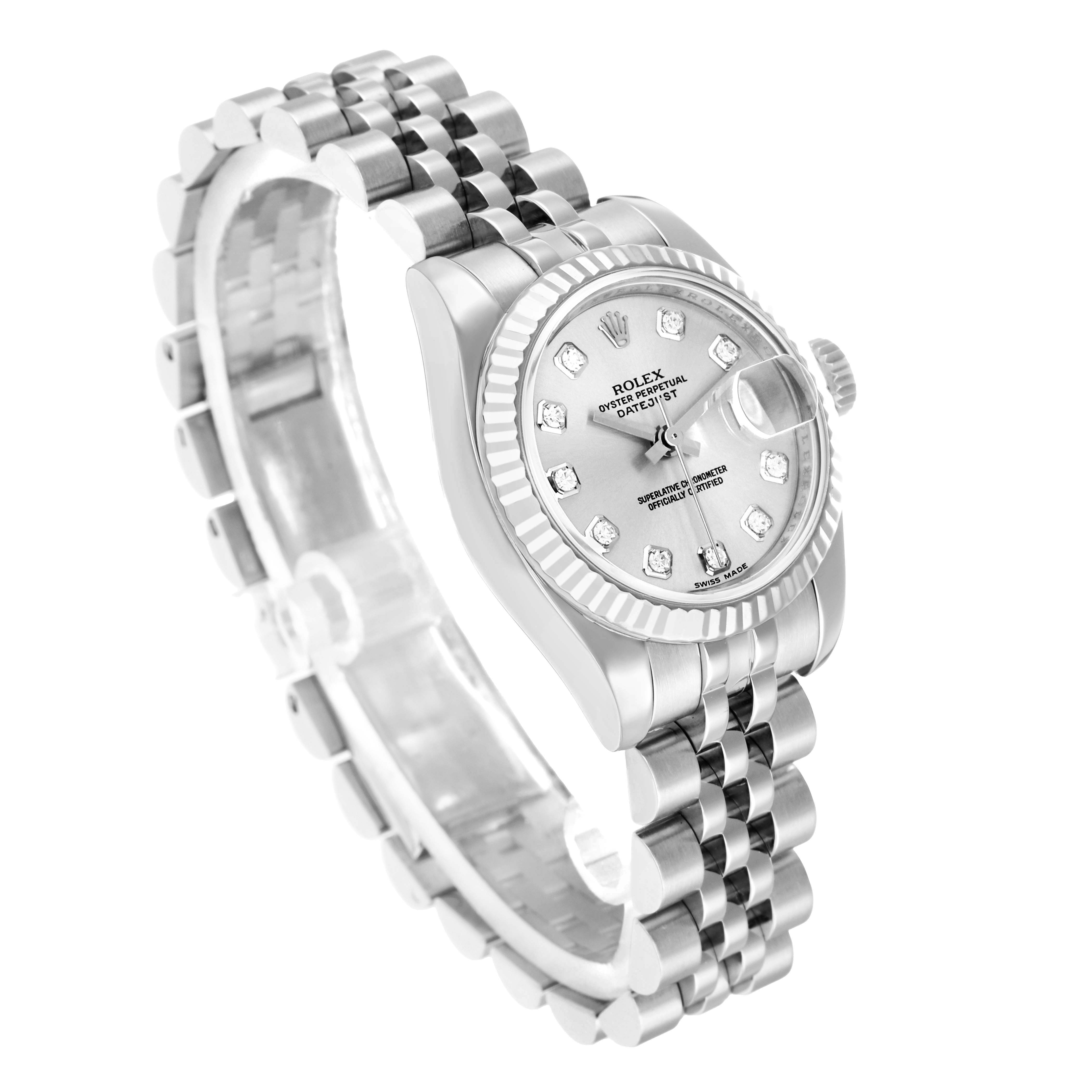 The image shows a Rolex Datejust 179174 Women
s Stainless Steel Silver Dial watch at a three-quarter angle, highlighting the dial, bracelet, and bezel.