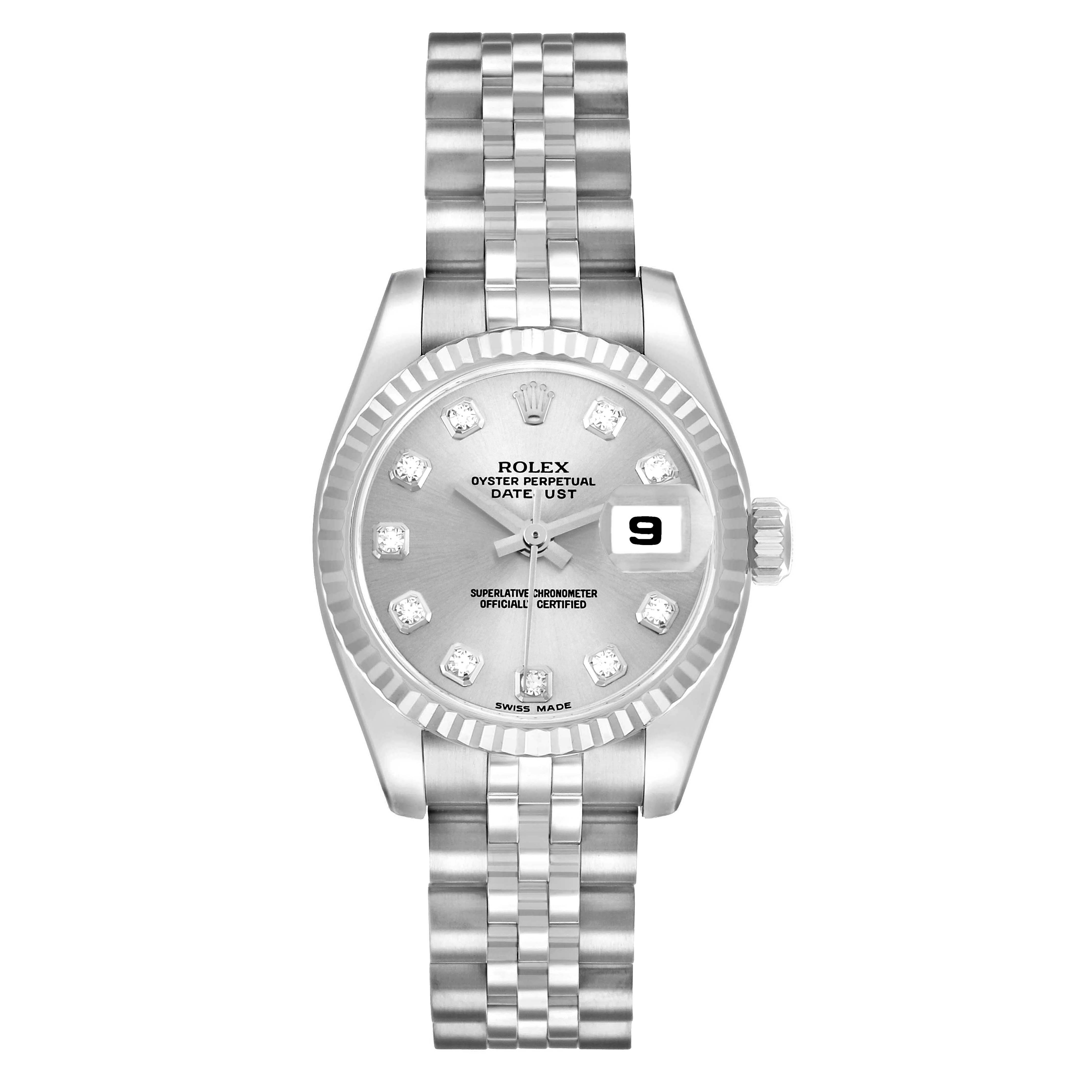 The Rolex Datejust 179174 Women
s Stainless Steel Silver Dial watch is shown from a top-down view, highlighting the dial, bezel, bracelet, and date window.